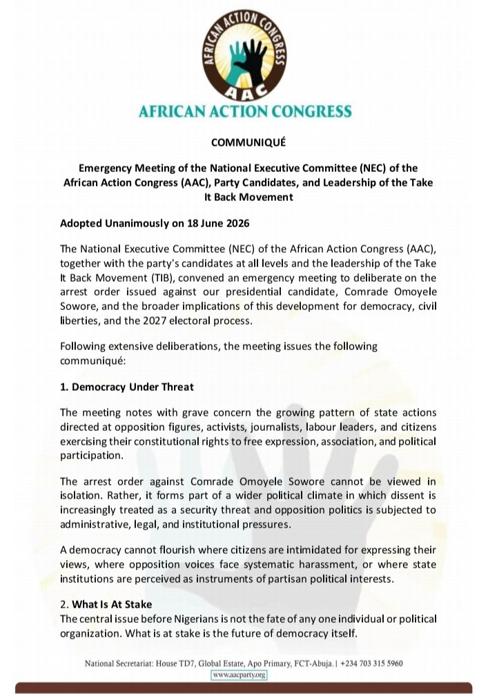 aacparty's tweet photo. No amount of judicial manipulation, political harassment, or state intimidation will stop AAC from challenging injustice, winning power, and advancing the struggle for the liberation of the Nigerian people in 2027.

#AACOurParty https://t.co/syhW4nCLaN
