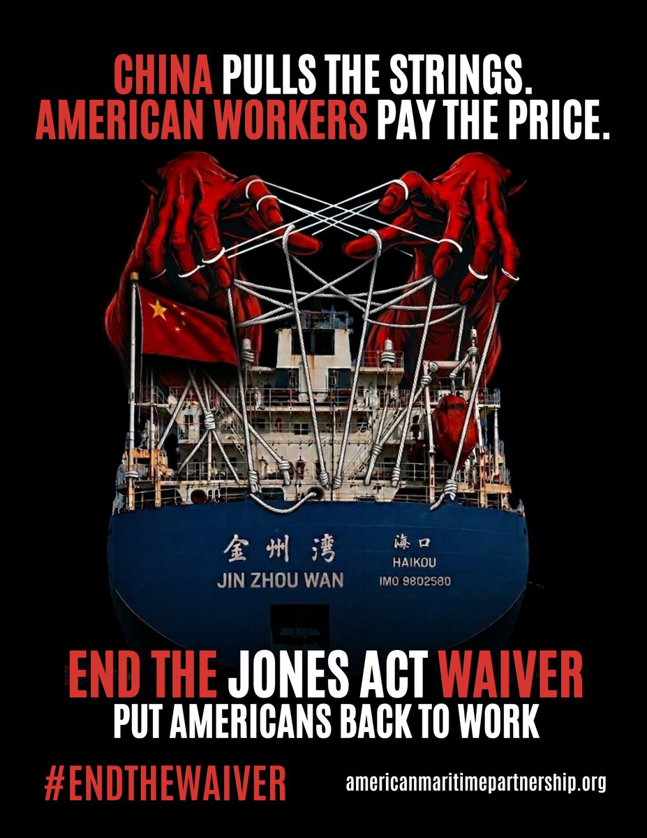 AMPmaritime's tweet photo. China pulls the strings. American workers pay the price. Relying on foreign vessels undermines our domestic fleet and leaves U.S. mariners sidelined. It’s time to support American jobs and secure our waters. #EndTheWaiver https://t.co/IV6MDFUmeo