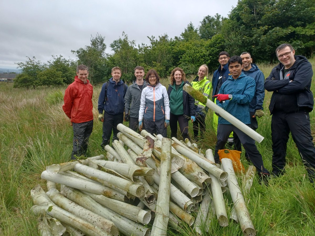 EadhaAspen's tweet photo. Great to have staff out from @ScottishPower Transmissions to help us yesterday with tree tube removal at our Knockaird site near Kilbirnie for our Rewilding Woodlands Project funded by @MossyEarth. Six bulk bags filled! A fantastic team - please come back! #CSR #volunteering https://t.co/fpUkWYZQSb