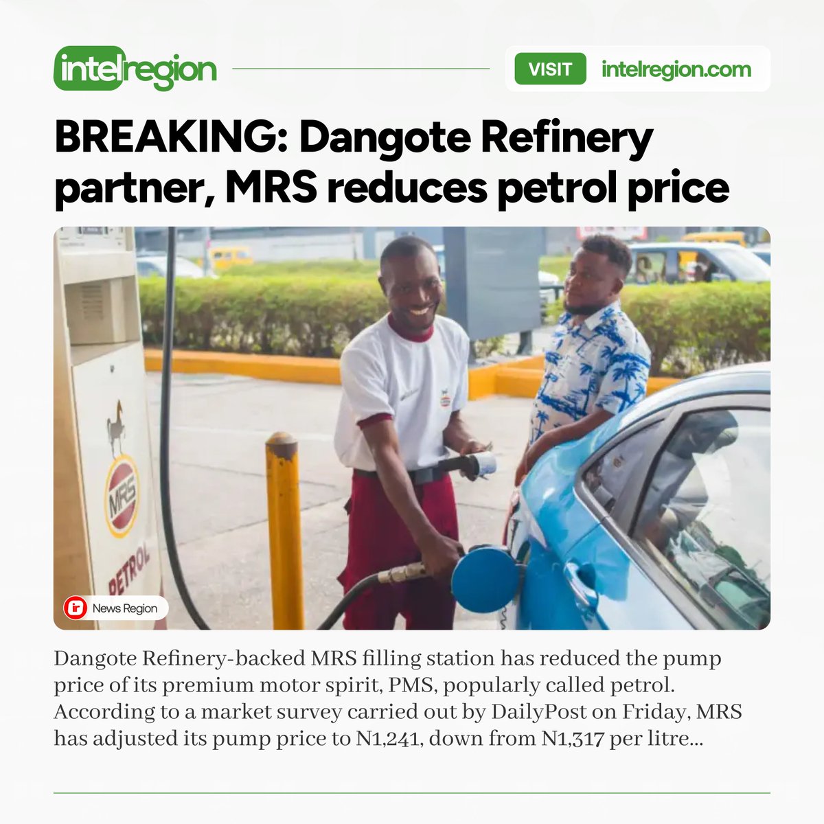 IntelRegion's tweet photo. BREAKING: Dangote Refinery partner, MRS reduces petrol price https://t.co/BpGU6eOoyg