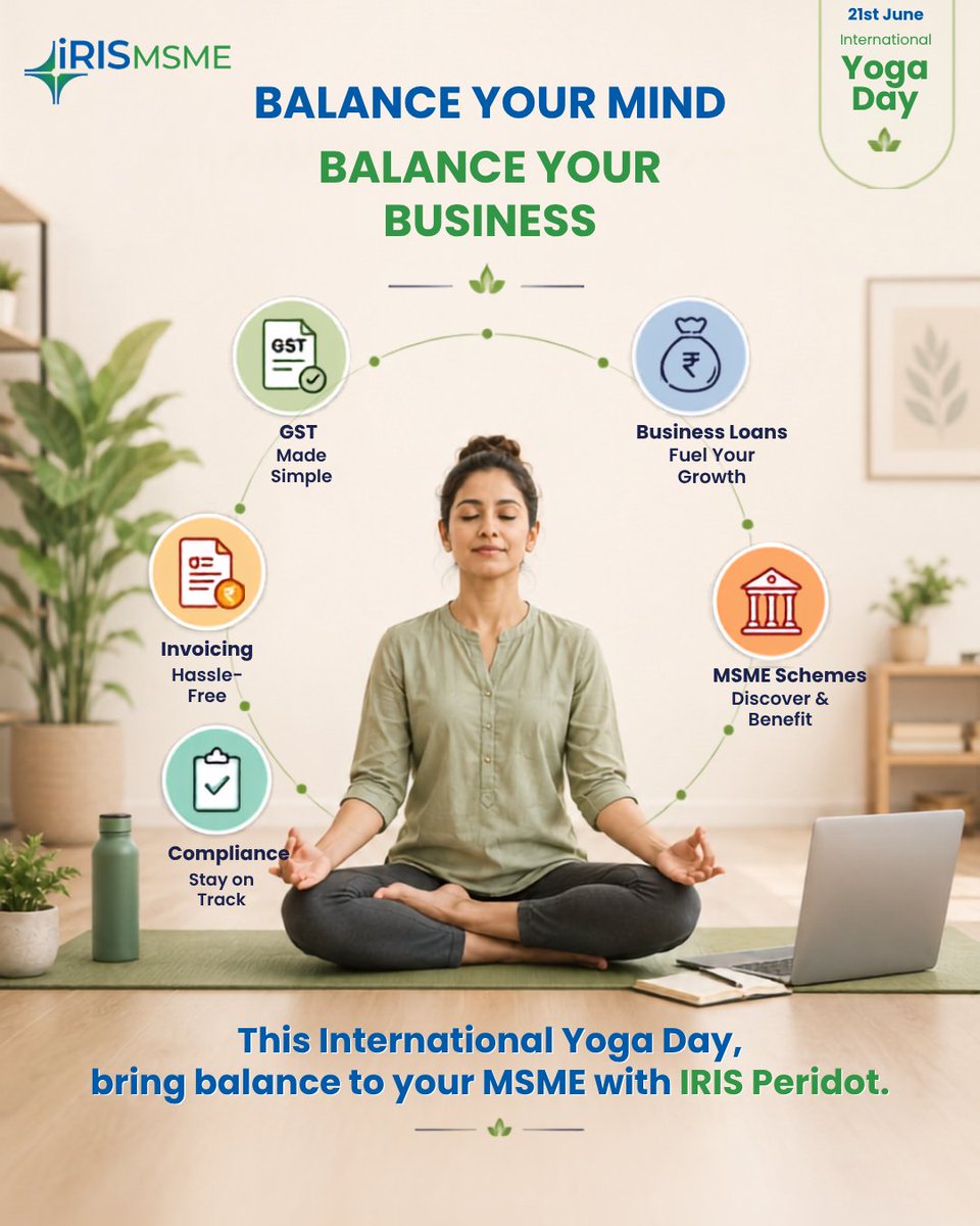 irismsme's tweet photo. This #InternationalYogaDay, bring balance to your business too.

IRIS Peridot simplifies GST, invoicing, compliance, business loans, MSME schemes &amp; more, all in one app.

Balanced mind. Balanced business. 🌿

#YogaDay #MSME #SmallBusiness #IRISPeridot https://t.co/KhJd09z0HY