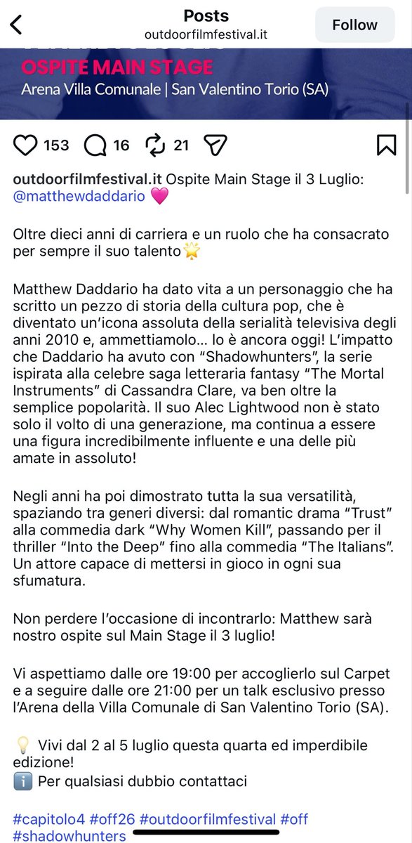 Juzoer's tweet photo. apparently Matt is attending an outdoor film festival on july 3rd… IN ITALY 😍🥰👏🏻
#MatthewDaddario #off26 https://t.co/45WfQJ20rx
