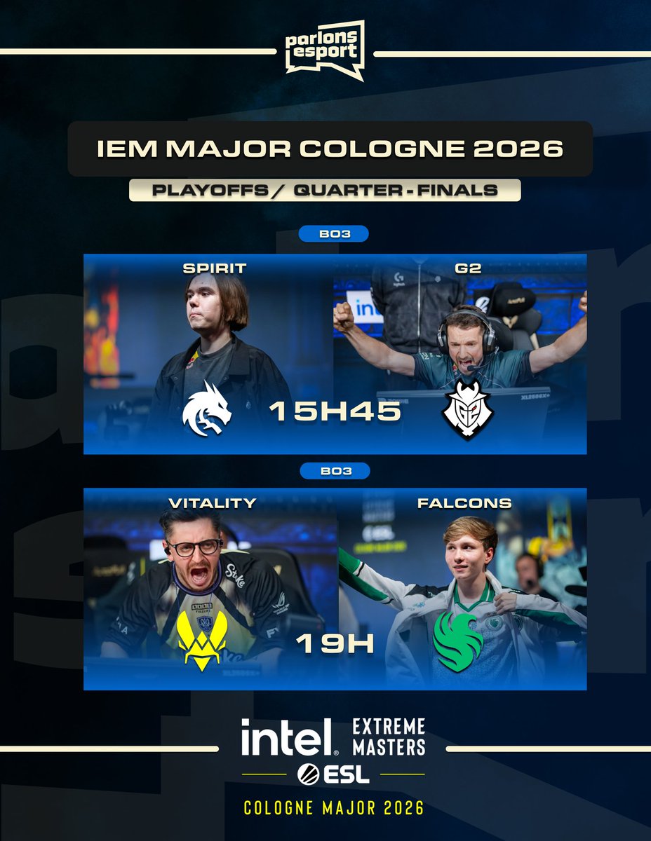 ParlonsCS's tweet photo. 🔵 I 🚨 VITALITY 🇪🇺 ENTRE DANS LES PLAYOFFS !

Nouvelle journée des quarts de finale du Major de Cologne 🇩🇪 2026 !

🗓️ Au programme :

@Team__Spirit 🇷🇺 🆚 @G2CSGO 🇪🇺 à 15h45 🔥👊
@TeamVitalityCS 🇪🇺 🆚 @FalconsEsport 🇪🇺 à 19h 🔥👊

La route dorée commence maintenant pour les abeilles 🐝 ? 👀

#IEM #VforVictory #VITWIN