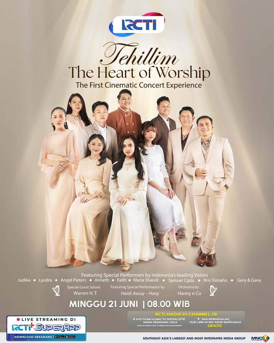 OfficialRCTI's tweet photo. Musik bukan hanya sekadar nada, tapi doa yang dilantunkan bersama. Pujian lahir dari perjalanan iman yang menyentuh hati 

Saksikan konser rohani Tehilim The Heart Of Worship persembahan karya Ibu Liliana Tanoesoedibjo
Minggu 21 Juni 08.00 wib hanya di RCTI

RCTI Hadir di CHANNEL 28, ikuti cara mudahnya:
* Aktifkan LCN lalu scan ulang STB Kamu
* Scan otomatis TV Digital

Apabila masih bermasalah dengan siaran @officialrcti ditempat kamu? 
Silahkan cek link berikut ya 
⬇️⬇️⬇️
https://t.co/tXI01r0vYW

#KonserRohani #Tehilim #TheHeartOfWorship