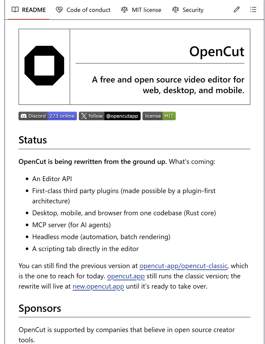 VisualconAI's tweet photo. HICIERON UN CAPCUT GRATIS Y SIN MARCAS DE AGUA, Y TIENE 55K STARS EN GITHUB

CapCut te mete marca de agua, te bloquea funciones y encima te cobra suscripción. Un grupo de devs se cans�� y construyó la alternativa open source.

→ Editor de vídeo completo, sin marcas de agua ni paywalls

→ Compatible con web, escritorio y móvil → Open source con licencia MIT

→ Servidor MCP incluido para agentes de IA

→ Se está reescribiendo en Rust desde cero con API, plugins y scripting

Se llama OpenCut y es exactamente lo que CapCut debería haber sido desde el principio.

Te lo explico abajo (link de la repoo también)