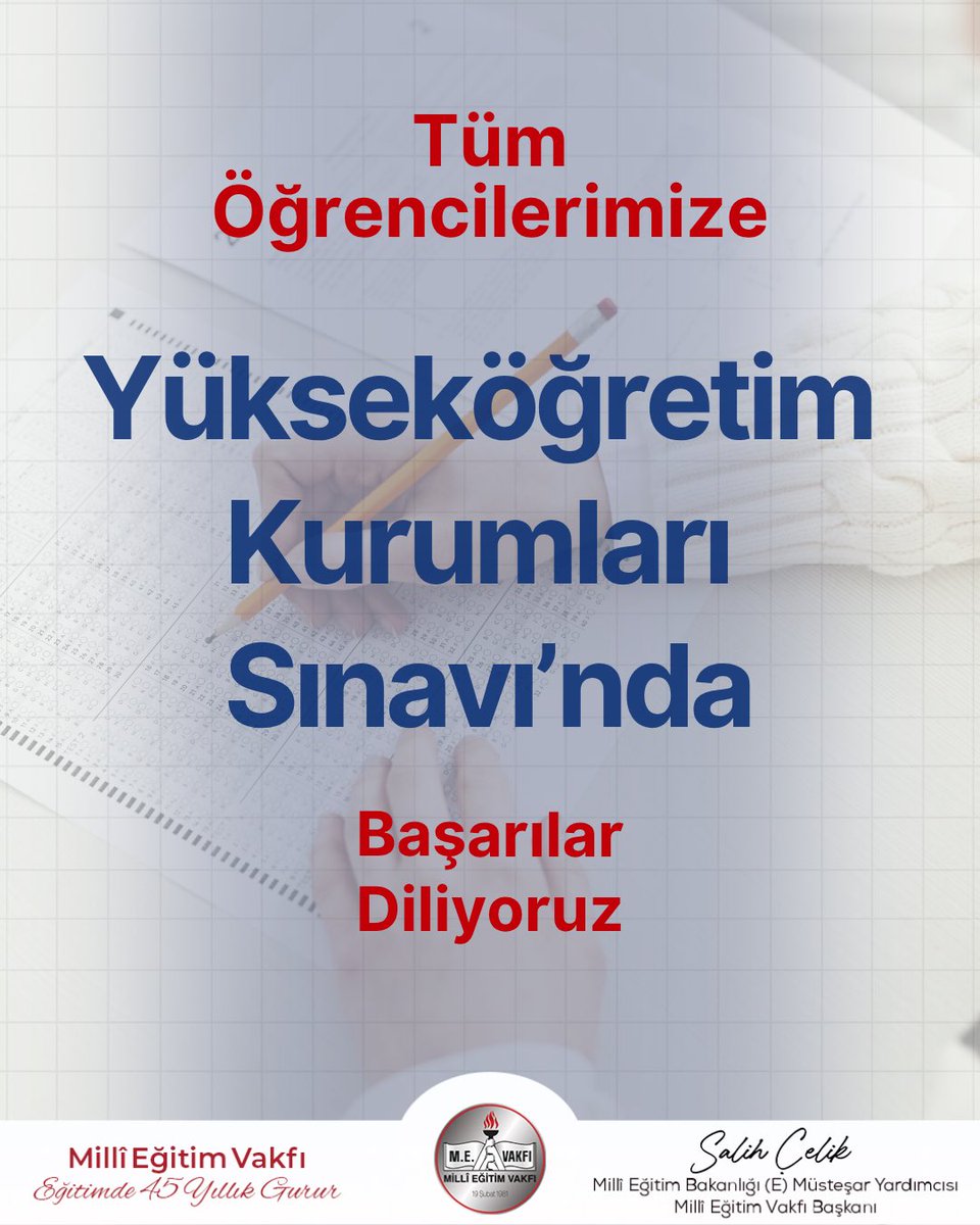 MevBuyukcekmece's tweet photo. Yarınlarımızı aydınlatacak hayalleriniz uğruna sergilediğiniz emek ve sabır her şeyden değerli. Gireceğiniz bu sınav, hedeflerinize giden yolda azminizin ve kararlılığınızın en somut yansımasıdır. 

Salih ÇELİK

Millî Eğitim Vakfı Yönetim Kurulu Başkanı https://t.co/JWwWj6nqcs