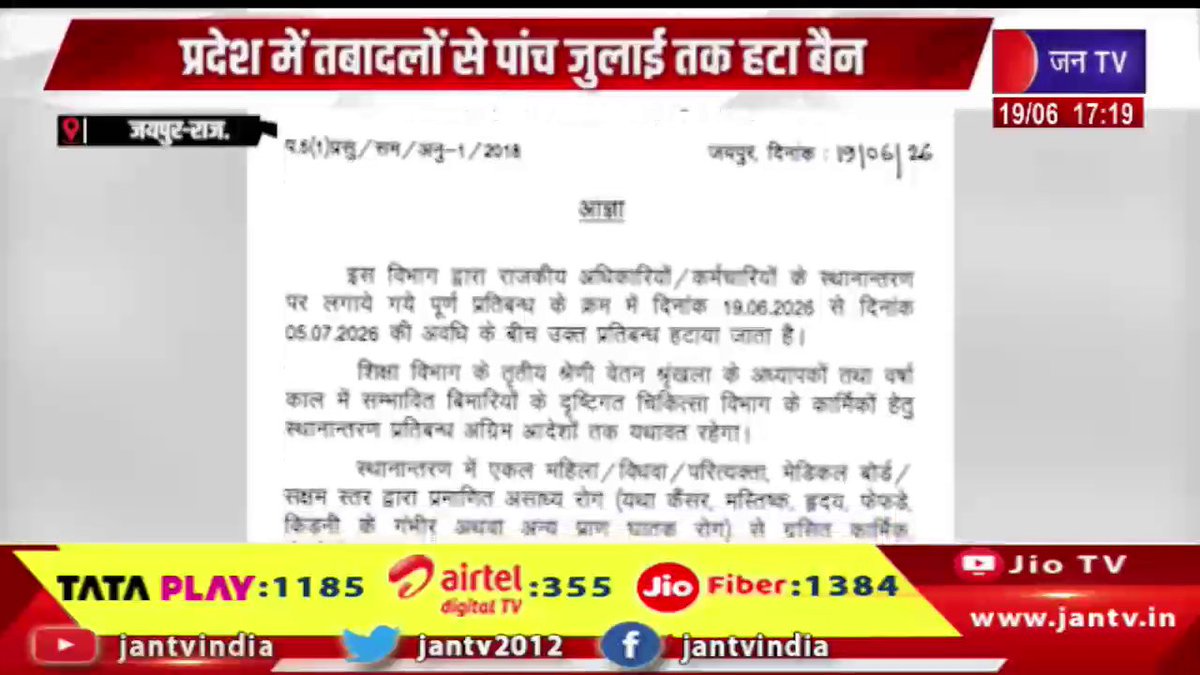 JANTV2012's tweet photo. Jaipur News | प्रदेश में तबादलों से पांच जुलाई तक हटा बैन, भजनलाल सरकार का बड़ा फैसला | JAN TV

https://t.co/xu4RdCSXDV 

#jaipurnews #BhajanlalSharma #RajasthanGovernment #TransferBan #TransferPolicy #RajasthanCabinet #AdministrativeReforms #GovernmentDecision #RajasthanNews #JaipurNews #BreakingNews #ViksitRajasthan #StateGovernment #BhajanlalGovernment #IndiaNews #jantv_opn @BhajanlalBjp @BJP4Rajasthan
