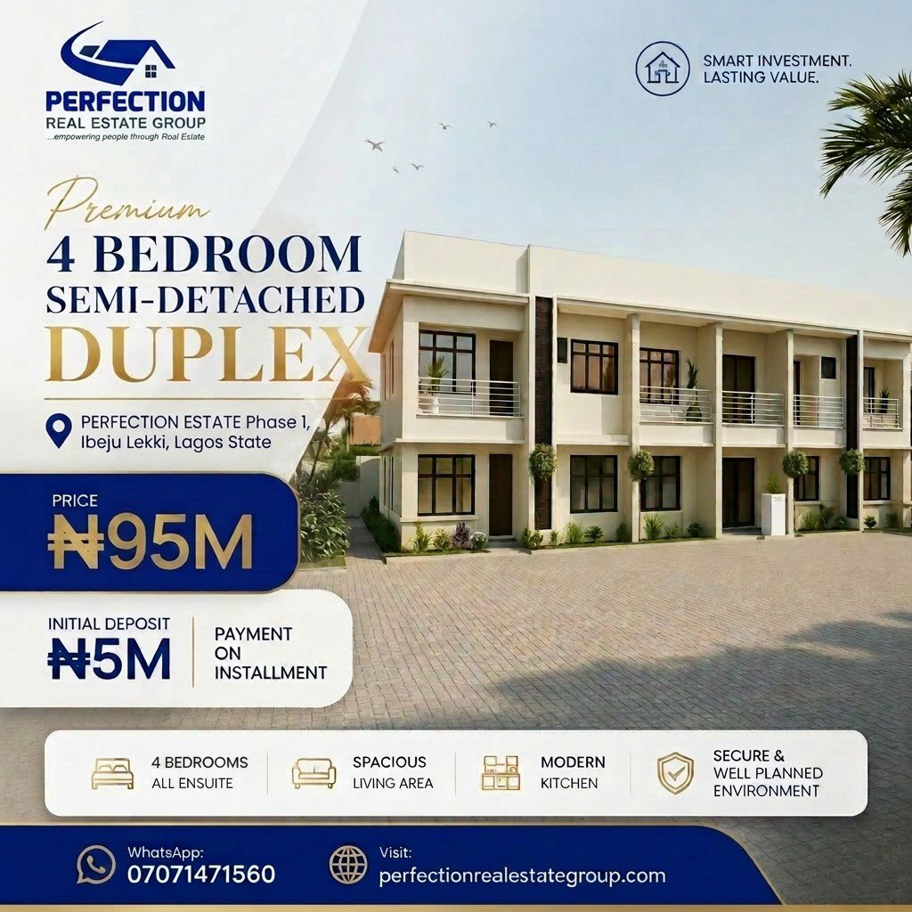 perfectionreg's tweet photo. 🏡 Own a Premium 4-Bedroom Duplex in Ibeju-Lekki!

Looking for a beautiful home or a smart investment? Perfection Real Estate Group brings you a modern 4-Bedroom Semi-Detached Duplex at Perfection Estate Phase 1, Ibeju-Lekki, Lagos.

📞: 07071471560
🌐: https://t.co/k8mW6zv3A8 https://t.co/fAQSU2S2S5