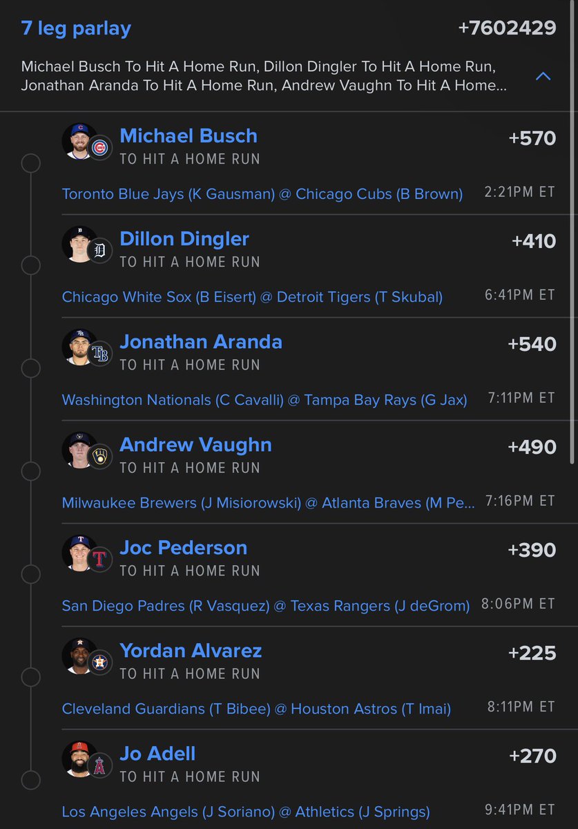 DrewskiiHQ's tweet photo. 🚨 HR HUNTERS PARLAY 🚨
Yordan. Adell. Busch. Aranda. Joc.
7 swings away from turning pocket change into a mortgage payment. 💣⚾️
+760,249 Odds 🤯
Who’s ruining the ticket tonight? 👀🔥
#MLB #HomeRun #HRParlay #SportsBetting #Baseball #GamblingTwitter #MLBPicks #BaseballBets #ParlayLife #HomeRunParlay
#Fanduelparlay #Draftkings
@Playbook