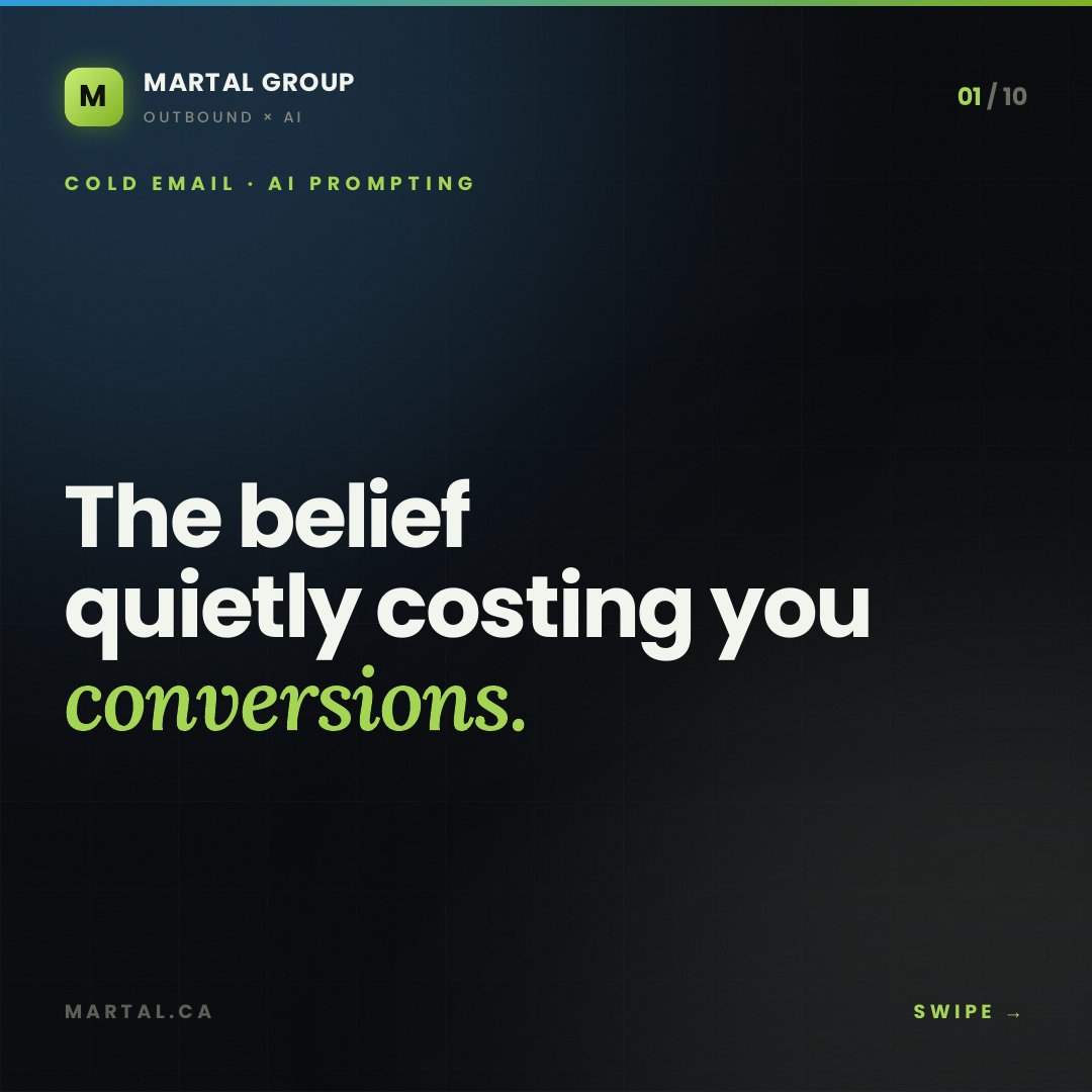 Martal_Group's tweet photo. Most teams think better AI prompts come from adding more instructions.
But the reality is…
Longer prompts often create weaker cold emails, lower relevance, and more generic outreach. The real problem isn't AI—it's how we're prompting it.
In our latest research, we tested leading AI models and uncovered a simple framework for writing cold emails that actually convert:
✅ Start with one real signal
✅ Remove unnecessary context
✅ Give the model your voice
✅ Keep the output tight and focused
The goal isn't to make AI sound smarter.
It's to make your outreach sound more human.
Swipe through to see the data, the mistakes most teams are making, and the framework we use to generate better cold emails with AI.
#ColdEmail #EmailMarketing #AIPrompting #SalesProspecting #B2BSales #LeadGeneration #OutboundSales #SalesDevelopment #ArtificialIntelligence #SalesStrategy #DemandGeneration #BusinessGrowth #EmailOutreach #MartalGroup