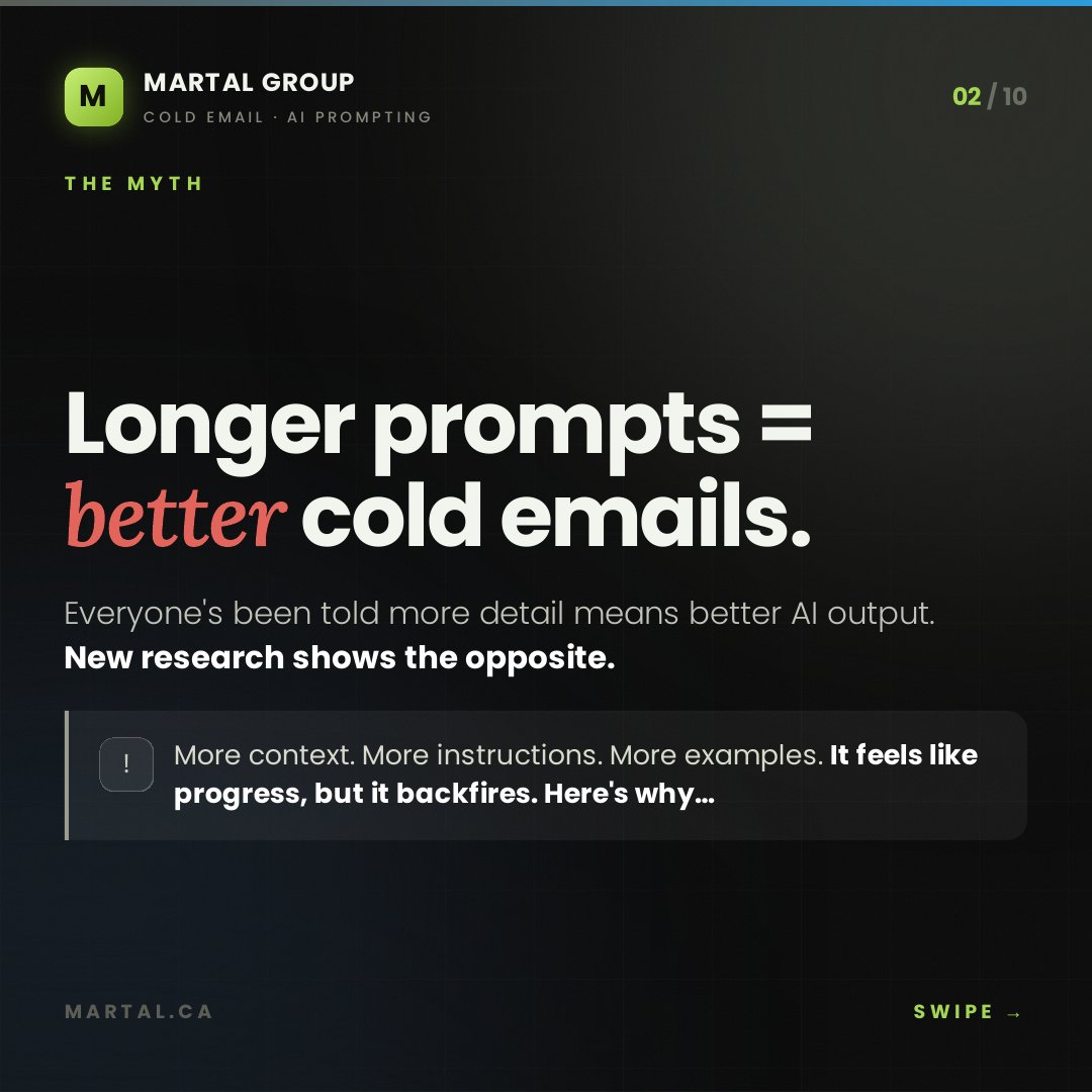 Martal_Group's tweet photo. Most teams think better AI prompts come from adding more instructions.
But the reality is…
Longer prompts often create weaker cold emails, lower relevance, and more generic outreach. The real problem isn't AI—it's how we're prompting it.
In our latest research, we tested leading AI models and uncovered a simple framework for writing cold emails that actually convert:
✅ Start with one real signal
✅ Remove unnecessary context
✅ Give the model your voice
✅ Keep the output tight and focused
The goal isn't to make AI sound smarter.
It's to make your outreach sound more human.
Swipe through to see the data, the mistakes most teams are making, and the framework we use to generate better cold emails with AI.
#ColdEmail #EmailMarketing #AIPrompting #SalesProspecting #B2BSales #LeadGeneration #OutboundSales #SalesDevelopment #ArtificialIntelligence #SalesStrategy #DemandGeneration #BusinessGrowth #EmailOutreach #MartalGroup