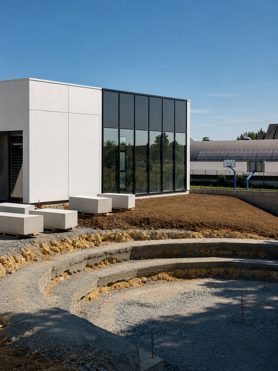 EXO_Architectes's tweet photo. À Potigny, le futur Pôle culturel prend vie 🎭
Médiathèque, auditorium de 150 places, école de musique : les finitions approchent. À l’arrière, le théâtre de verdure se dessine. Réemploi et photovoltaïque complètent ce projet durable.
#exoarchitectes #potigny https://t.co/RmO3IdOetg