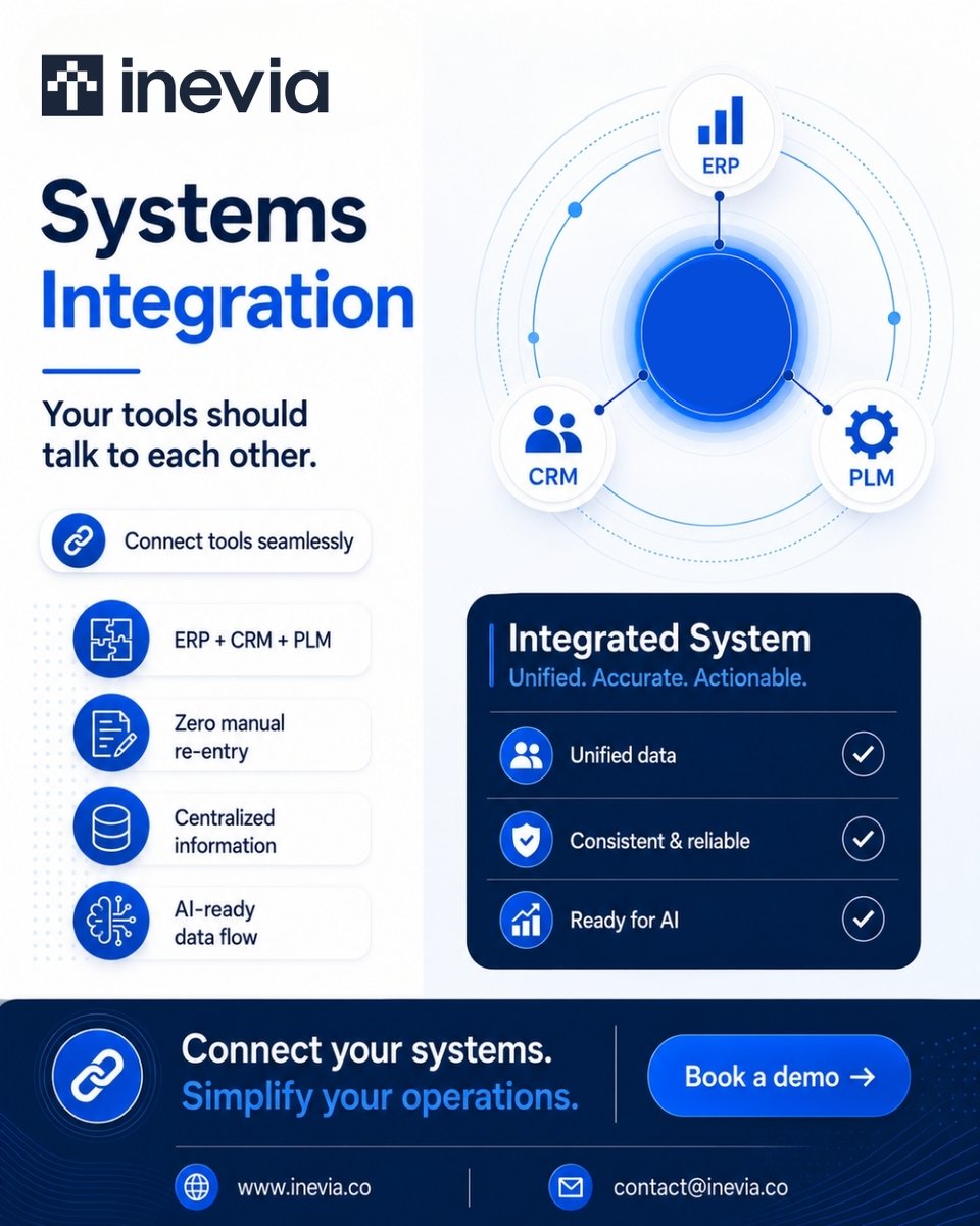 Ineviausa's tweet photo. Your tools should work together - not create more manual work.
Connect ERP, CRM, PLM, and other systems into one reliable data flow, so your teams can work faster, reduce errors, and prepare operations for AI.
#SystemsIntegration #ERP #CRM #PLM #DigitalTransformation https://t.co/l3lke0kK64