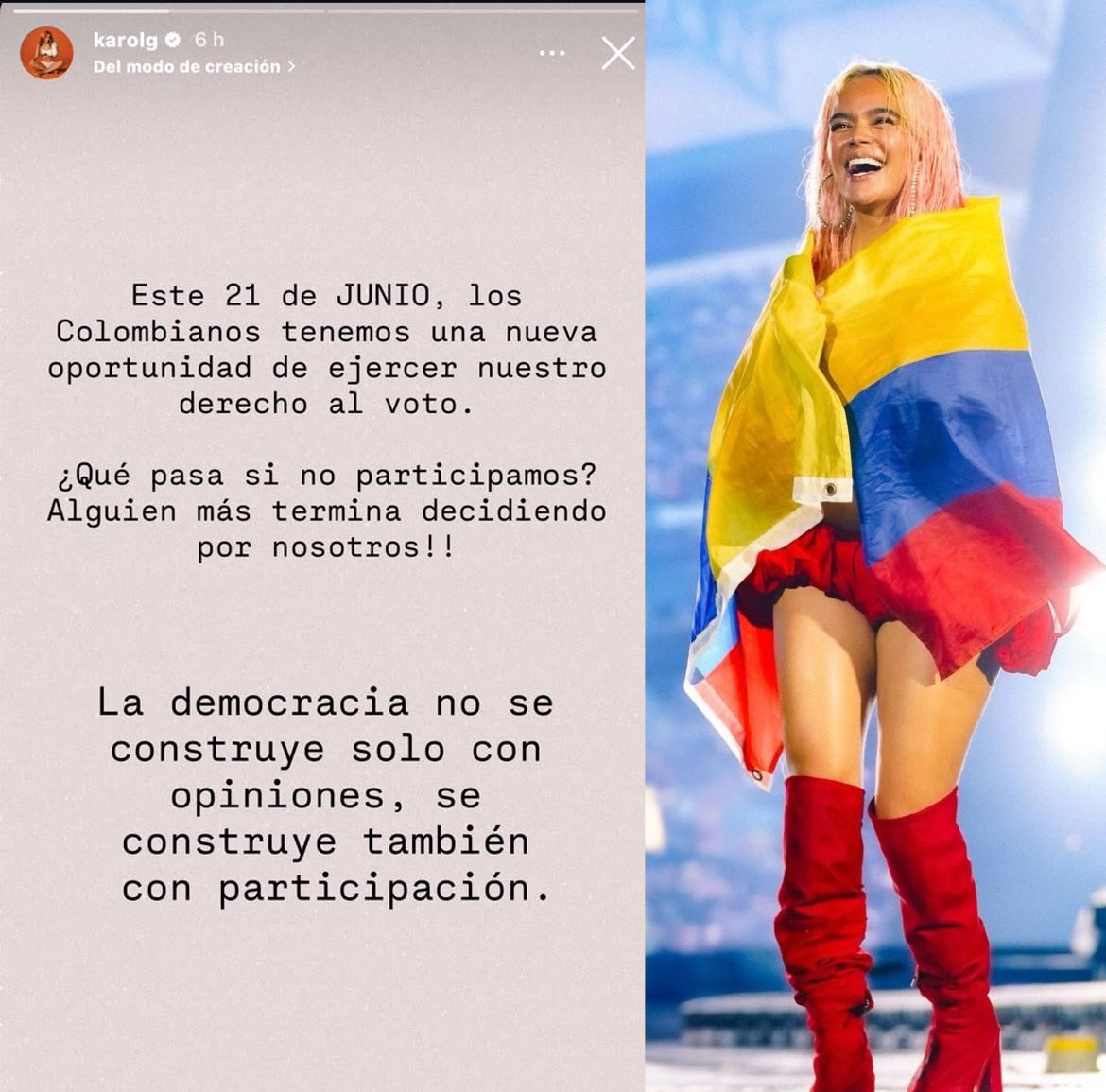 KarolGSet's tweet photo. 🇨🇴 KAROL G alza su voz por Colombia.

Con un mensaje de conciencia, invita a todos los colombianos a salir este 21 de junio y ejercer su derecho al voto.

Cada voto cuenta. Participar es hacer escuchar tu voz y aportar al futuro del país. 
#ELECCIONESCOL2026 #Colombia https://t.co/QErON7CrJm