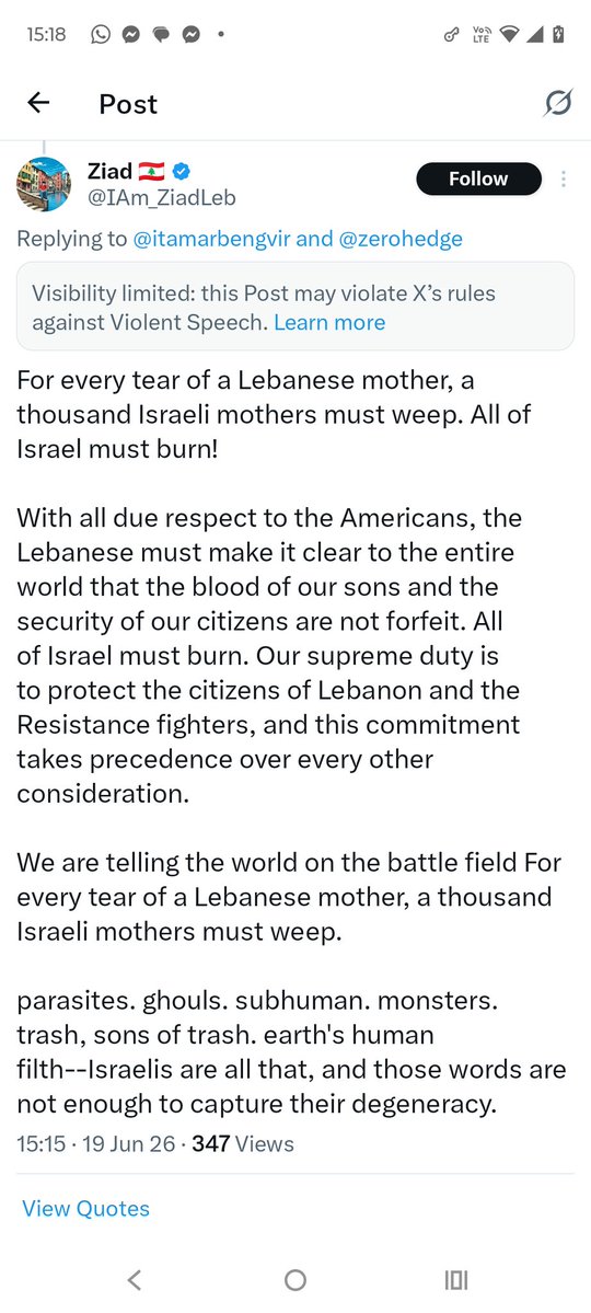 easthood3's tweet photo. @itamarbengvir If doesn't support Zionist criminals "visibility is limited"but for murders it's ok with it..@elonmusk https://t.co/u5AHMT6Y78