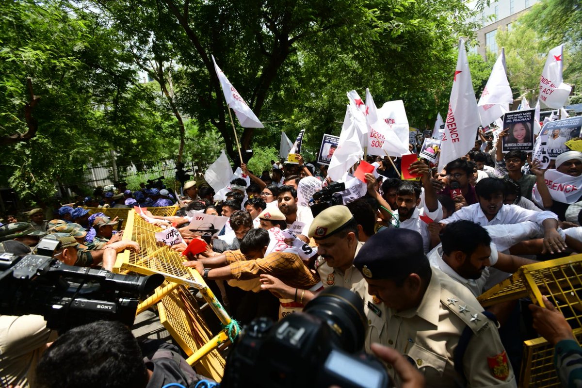 cpimspeak's tweet photo. The Students Federation of India led a militant protest march to the Ministry of Education in New Delhi today demanding the immediate resignation of Dharmendra Pradhan, scrapping of the National Testing Agency, decentralization of examinations, independent judicial probe into the NEET and CBSE scams, punishment of all culprits, and fair compensation for all affected students. Hundreds of students from different states resolutely marched forward despite the heavy deployment of police forces and barricades along the march route by the Delhi Police, raising slogans against the anti-student policies of the BJP-RSS-led government and demanding accountability for the unprecedented collapse of educational governance under Dharmendra Pradhan's tenure.

A four member delegation comprising SFI All India General Secretary Srijan Bhattacharyya, President Aadarsh M Saji, Joint Secretary Aishe Ghosh and Vice President Shilpa proceeded to the Ministry of Education and submitted a memorandum demanding  the immediate resignation of Dharmendra Pradhan and highlighting the severe crisis confronting students across the country. The delegation emphasized that recurring paper leaks, examination irregularities, arbitrary administrative decisions, and the government's failure to ensure transparency and accountability have severely undermined the credibility of the education system.

The delegation also issued a clear ultimatum stating that if Dharmendra Pradhan fails to resign and if the Government of India does not address the demands raised by students across the country, SFI will intensify its agitation until justice is secured for all affected students. The protesters resolved to mobilize students nationwide in the coming weeks and to strengthen the struggle on the streets in order to defend students’ rights and save public education.