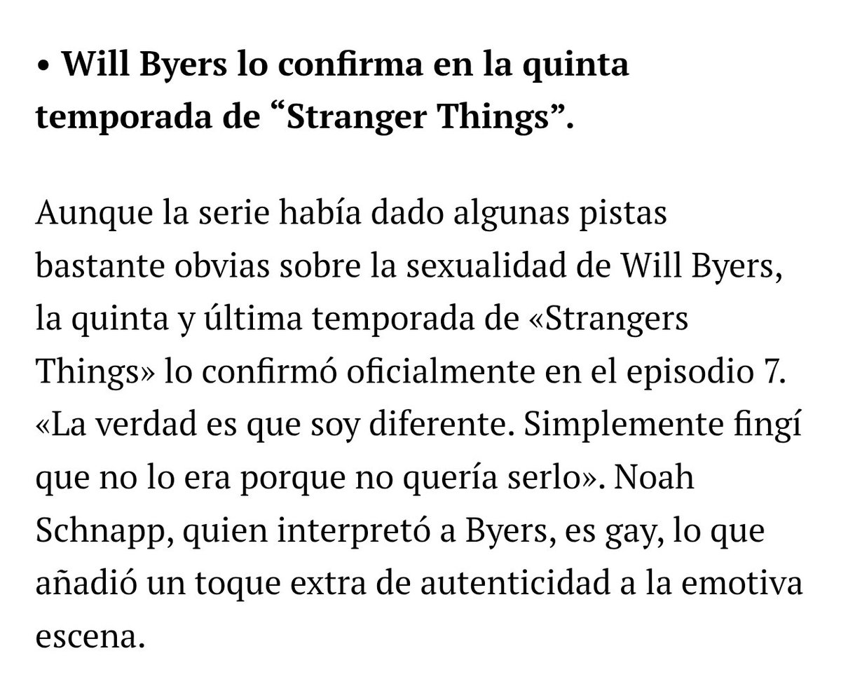 NoahUpdatesHQ's tweet photo. Noah Schnapp fue incluido por Washington Blade en su lista de los «40 momentos más importantes de la historia de la cultura pop LGBTQ+» , gracias al impacto de Will Byers en Stranger Things.

“Will Byers lo confirma en la quinta temporada de Stranger Things.

Aunque la serie había dado algunas pistas bastante obvias sobre la sexualidad de Will Byers, la quinta y última temporada de «Strangers Things» lo confirmó oficialmente en el episodio 7.
«La verdad es que soy diferente. Simplemente fingí que no lo era porque no quería serlo». Noah Schnapp, quien interpretó a Byers, es gay, lo que añadió un toque extra de autenticidad a la emotiva escena.”

Washington Blade es uno de los medios LGBTQ+ más reconocidos y veteranos de Estados Unidos.

🔗https://t.co/2BTZKhqJl4