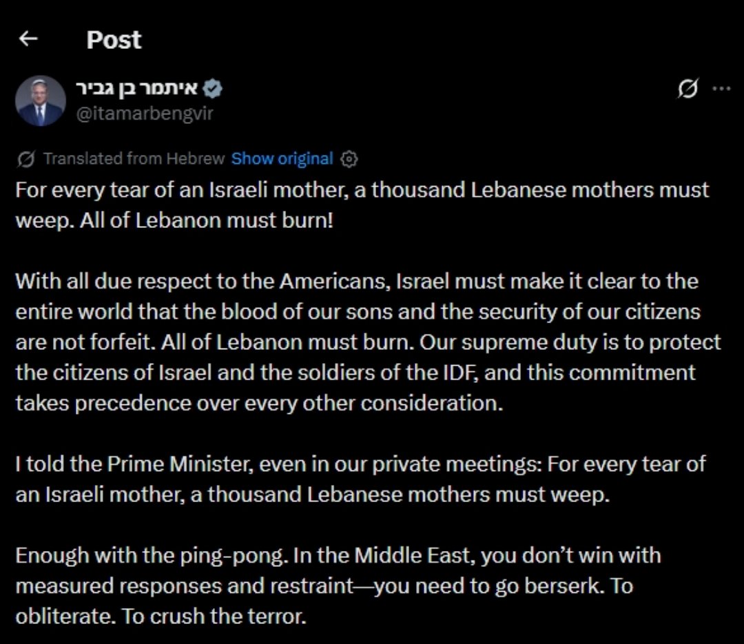 CassandraRules's tweet photo. This is how they talked about Gaza on 10/8. They want to genocide Lebanon.

This is demonic. 

Whole place needs to be doused in holy water. Im pretty sure that would solve the Israel problem. https://t.co/hPYln3w7pi