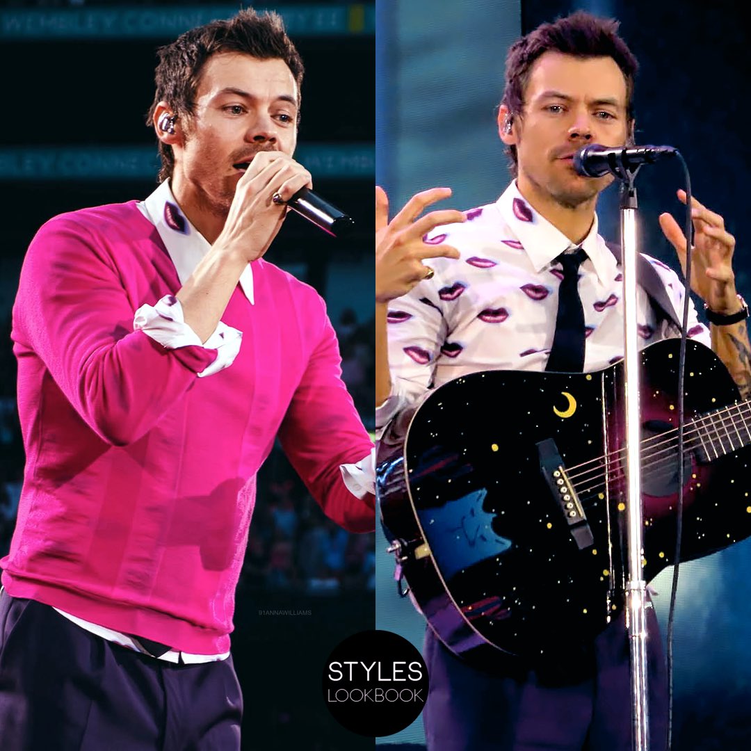 styleslookbook's tweet photo. For night three in London, Harry wore  a custom @Prada look featuring a mustard yellow jacket, a pink striped sweater, a lip graphic print shirt, a black tie and dark blue trousers. Halfway through the show, he changed into a custom pink #Leset T-shirt ($78). https://t.co/LKrqlOsBc7