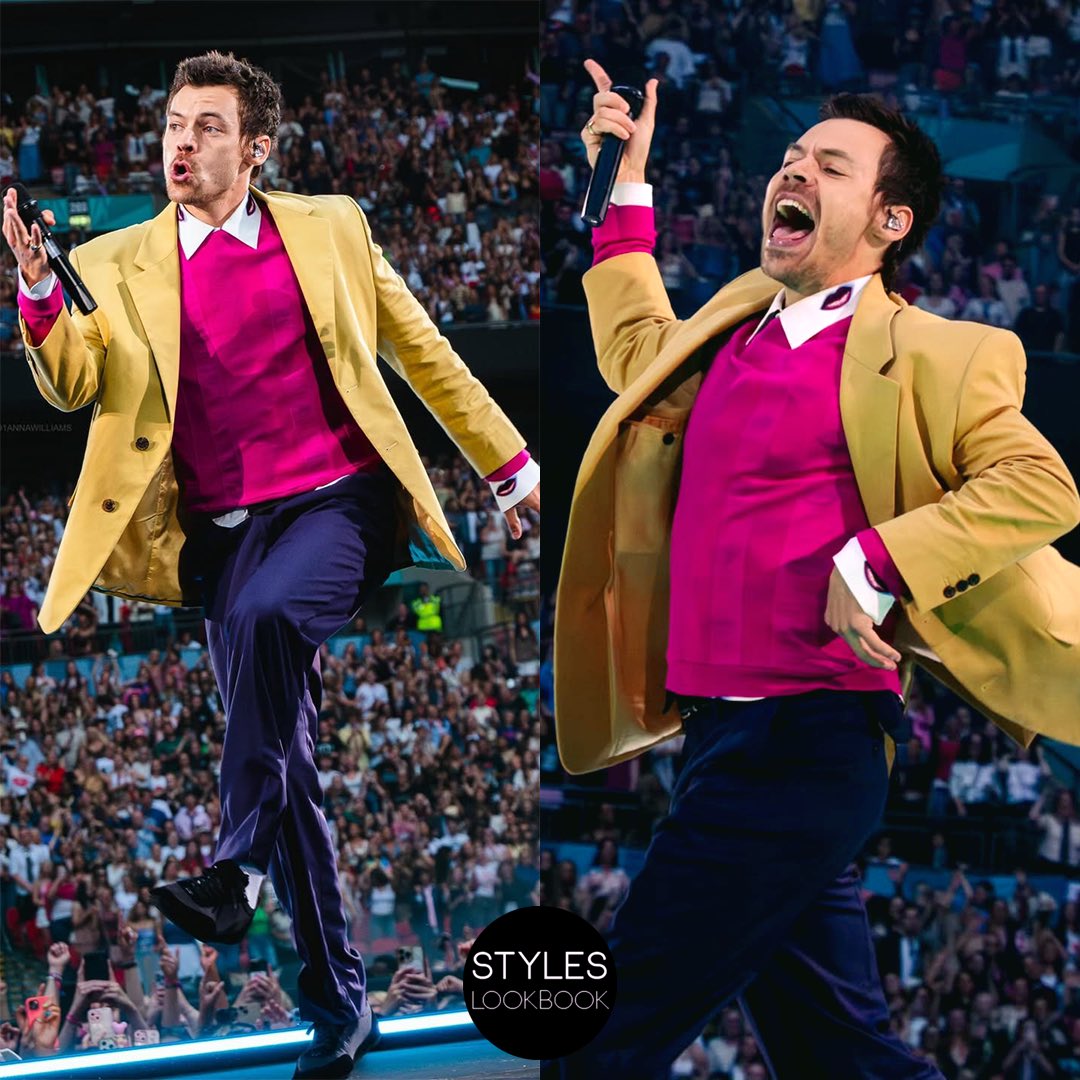 styleslookbook's tweet photo. For night three in London, Harry wore  a custom @Prada look featuring a mustard yellow jacket, a pink striped sweater, a lip graphic print shirt, a black tie and dark blue trousers. Halfway through the show, he changed into a custom pink #Leset T-shirt ($78). https://t.co/LKrqlOsBc7