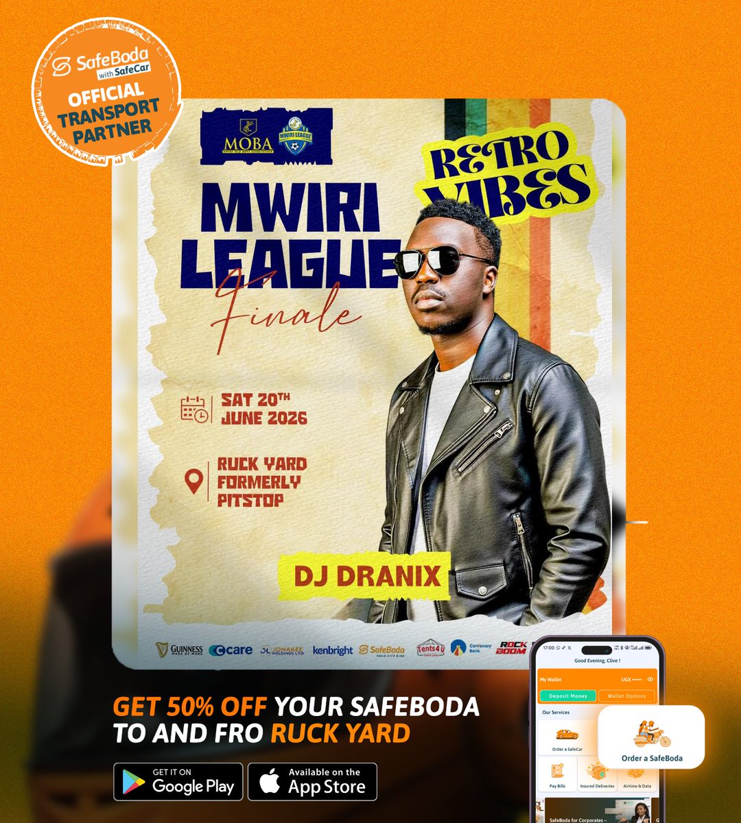 SafeBoda's tweet photo. ⏳ Just hours to go… @MwiriLeague Grand Finale!

⚽ The football will be serious.
🎶 DJ 🔥line up will make sure the vibes stay undefeated.

Ruck Yard is about to turn retro real quick 

SafeBoda is already on standby 😎

Show up, enjoy the moments, and make memories. 

📍 Ruck Yard, Jinja City
📅 20th June