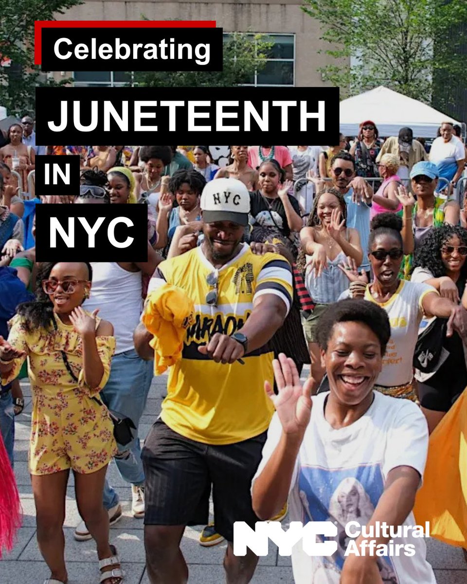NYCulture's tweet photo. Happy #Juneteenth, NYC! This holiday marks June 19, 1865, when federal troops arrived in Galveston, Texas, to announce freedom to enslaved people. Long celebrated in Black communities around the U.S., Juneteenth became a federal holiday five years ago.
Explore Juneteenth events: https://t.co/EiUqv0LgVc