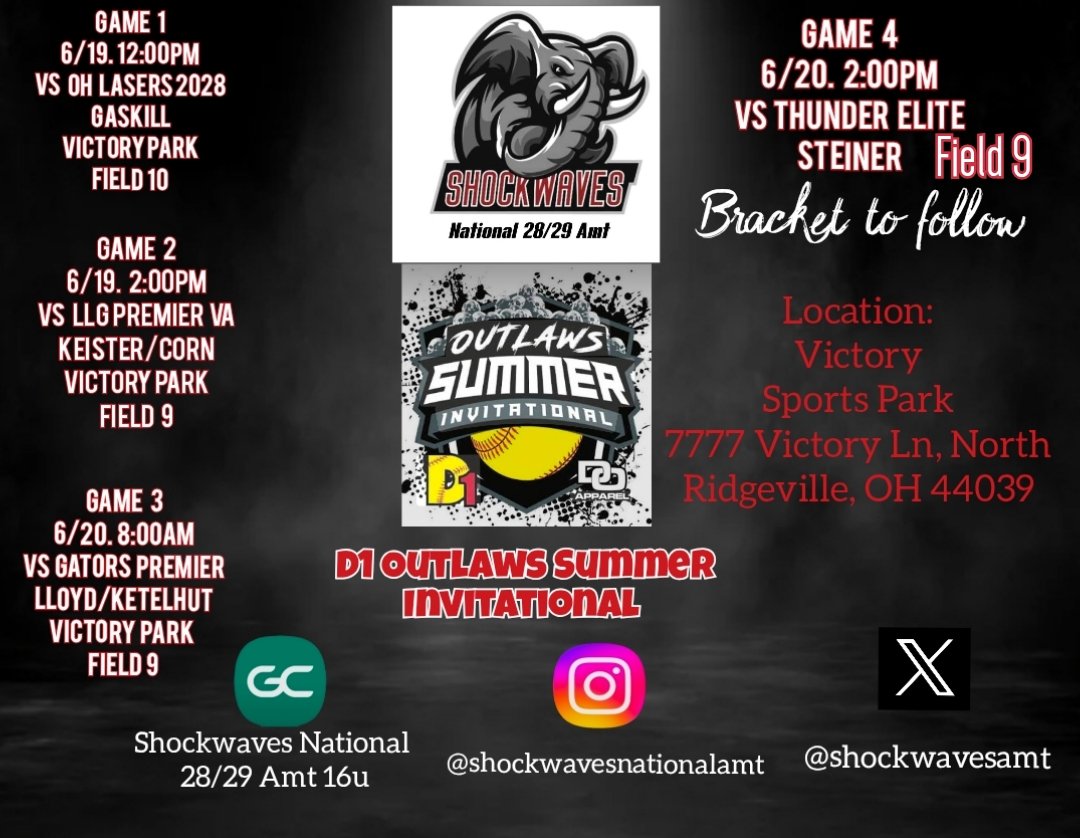 shockwavesamt's tweet photo. Pool play starts today at the @d1fastpitch1 Outlaws Summer Invitational in North Ridgeville, OH. We are in the power pool at Victory Sports Park. 
Come watch our 28s and 29s! https://t.co/4OspvSgvBt