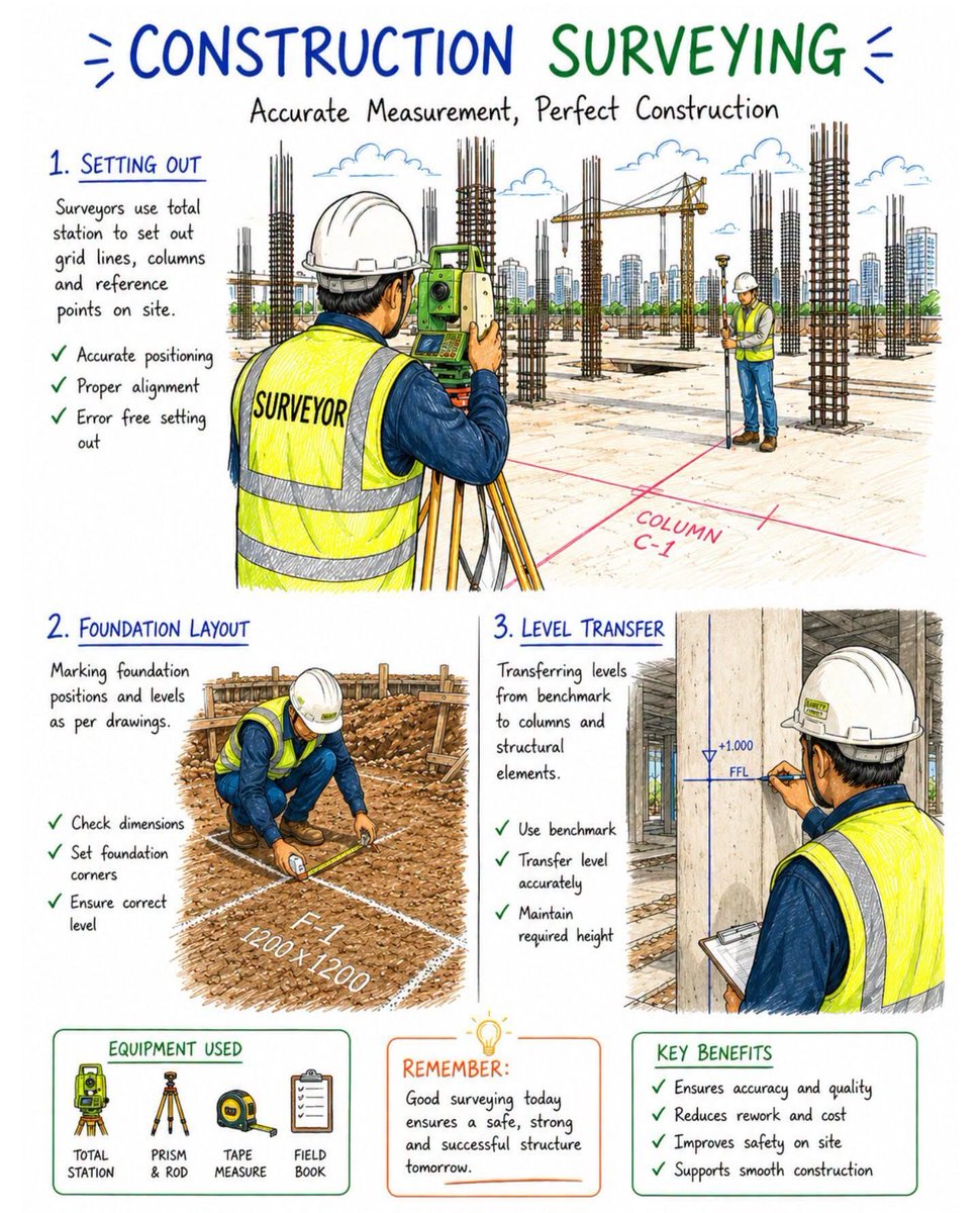 lawal_dahiru's tweet photo. Construction Setting Out Survey

Construction setting out is the process of transferring design coordinates, grid lines, foundation locations, and column positions from drawings to the actual site. Accurate setting out ensures correct alignment, dimensions, and levels for safe and quality construction.
#ConstructionSurveying #SettingOut #SiteLayout #CivilEngineering #SurveyorLife #TotalStation #FoundationLayout #ColumnSettingOut #ConstructionSite #EngineeringSurvey #BuildingConstruction #LevelTransfer #SiteEngineering #StructuralEngineering #ConstructionManagement