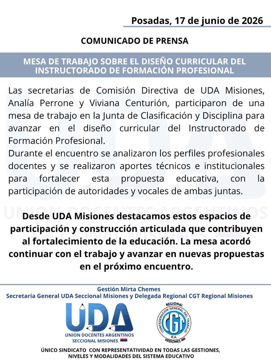 MisionesUda's tweet photo. La Unión Docentes Argentinos (UDA) Seccional Misiones,  participó de la mesa de trabajo para avanzar en la construcción del diseño curricular del Instructorado.

Mirta Chemes
Secretaria General de la UDA Seccional Misiones y Delegada Regional de la CGT Regional Misiones. https://t.co/5usrAxroKq