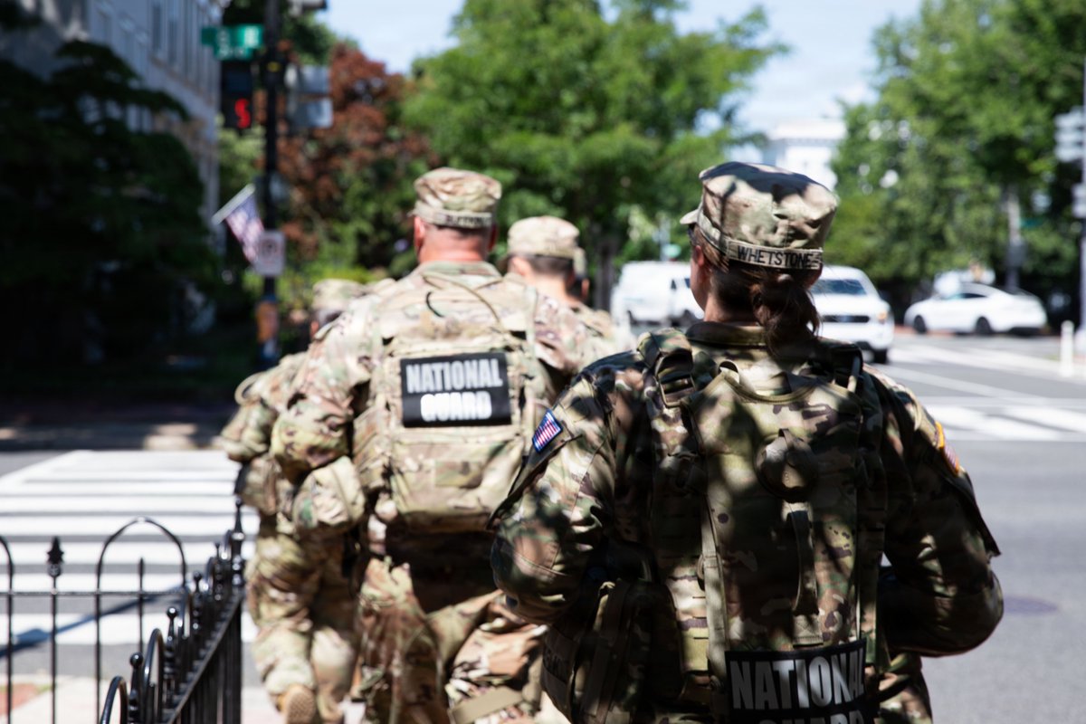 DCGuard1802's tweet photo. Members of the @SCNationalGuard assigned to Joint Task Force-DC in support of the #DCSafe mission, remain visible and vigilant near the Eastern Market area in Washington. Guardsmen provide critical assistance to interagency partners amid #Freedom250 celebrations. https://t.co/uniLXABM3Z