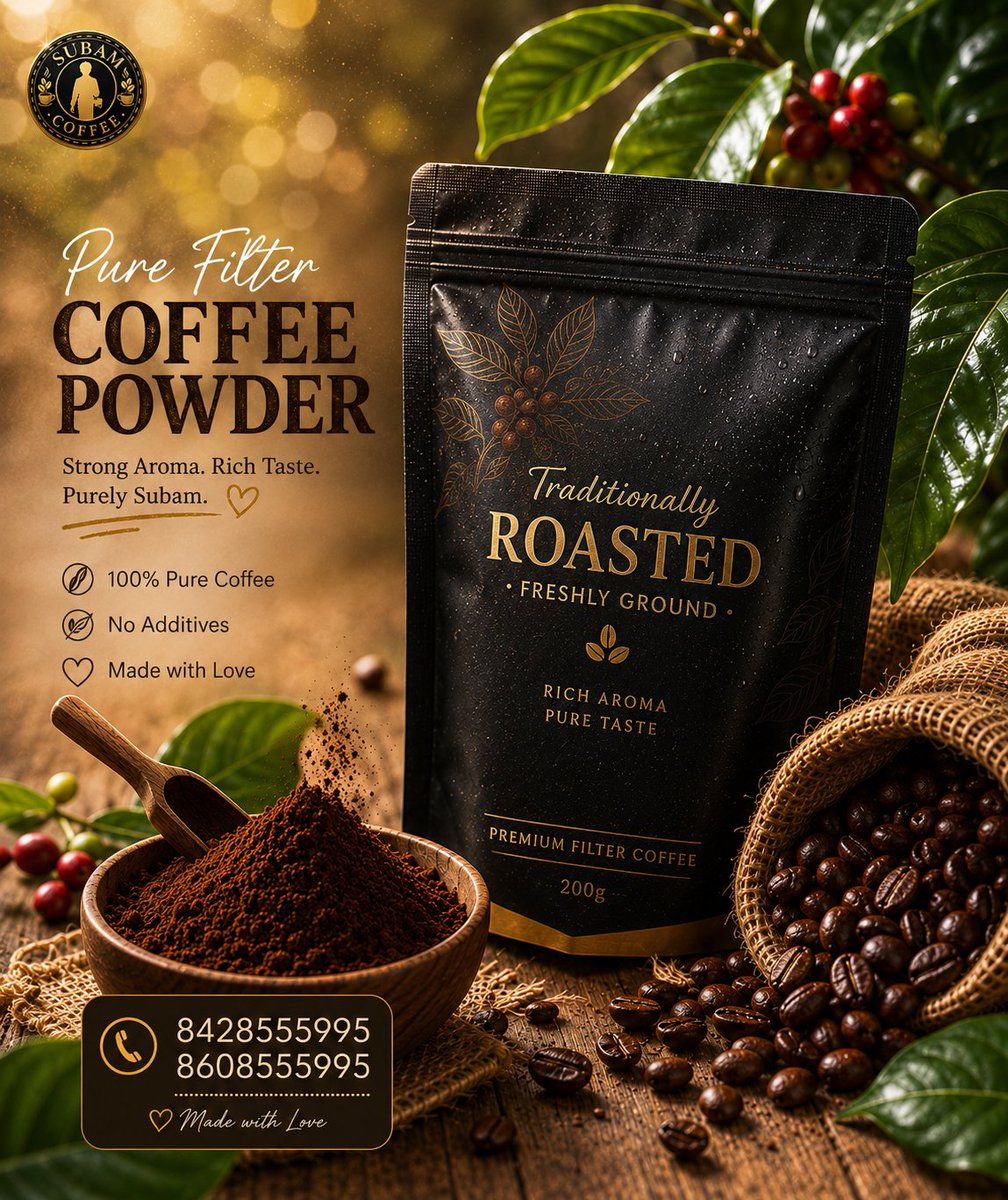 GraceIncgroup's tweet photo. ☕ Rich Aroma. Pure Taste.

Start your day with the authentic taste of SUBAM COFFEE.

🌱 Premium Filter Coffee Powder
🔥 Freshly Roasted &amp; Ground
✨ Strong Taste
📞 8428555995 | 8608555995
#SubamCoffee #FilterCoffee #CoffeeLovers #CoffeeTime #SouthIndianCoffee https://t.co/4YY9oyWWzI