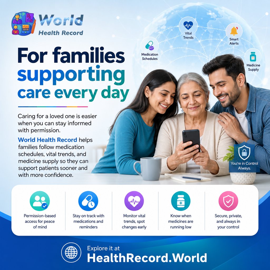WldHealthRecord's tweet photo. For families supporting care every day

Caring for a loved one is easier when you can stay informed with permission. World Health Record helps families follow medication schedules, vital trends, and medicine supply so they can support patients sooner and with more confidence. Explore it at https://t.co/TdewFvUNYP