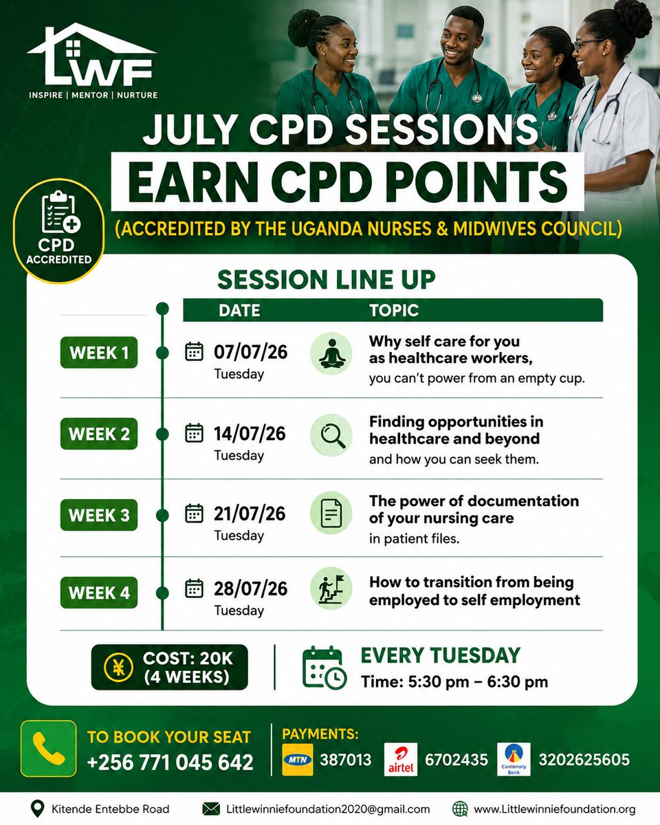Nabukeerawinni4's tweet photo. JULY CPD
Earn 4 UNMC CPD pts | 20K | LWF
📅 Every Tue (7/7–28/7) | 5:30pm | Online
Topics: Self-Care, Opportunities, Documentation,Transitioning from employment to self employment
📲 Send receipt+reg to +256771045642 (Watsp)
#JulyCPD #UNMC #NursesUg https://t.co/X7bodMikVM
