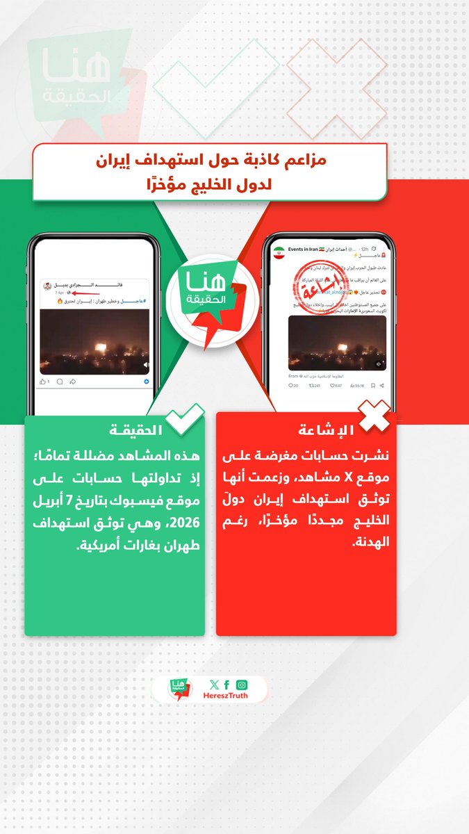 HereszTruth's tweet photo. 🚫 الإشاعة
نشرت حسابات مغرضة على موقع X مشاهد، وزعمت أنها توثق استهداف #إيران دولَ الخليج مجددًا مؤخرًا، رغم الهدنة.

✅ الحقيقة
هذه المشاهد مضللة تمامًا؛ إذ تداولتها حسابات على موقع فيسبوك بتاريخ 7 أبريل 2026، وهي توثق استهداف #طهران بغارات أمريكية.

#هنا_الحقيقة https://t.co/m6zQ2jz925