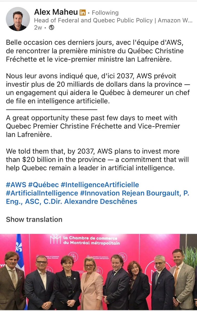 ClerckSteven's tweet photo. @DustiinHuntwnn AWS exec Alex Maheu posted about meeting Quebec’s Premier &amp;amp; Vice-Premier, confirming huge long-term commitment to invest in Quebec.  Who already has energized, hydro-powered data center capacity ready in Quebec? → KEEL https://t.co/R57bbaKJQ4