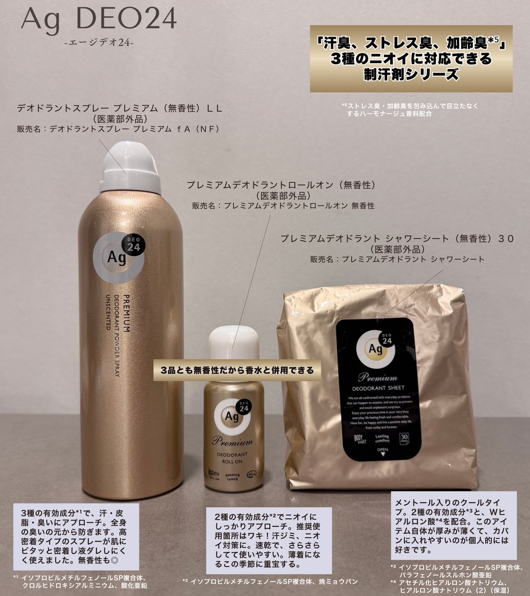 hiro_signore's tweet photo. 徹底して臭い対策したい人はこれ。3種のニオイ「汗臭」「ストレス臭」「加齢臭」*¹に対応できる制汗剤シリーズ。長時間、快適さのある使用感と、汗をかいてもサラッとしているのが特徴。これからの時期、汗・臭い気にせず過ごしていきたい。おすすめアイテム3つ紹介↓【PR】エージーデオ

各アイテムの紹介。
まず、3つとも無香性なのがいい👏
香水と合わせても使いやすいです！

①デオドラントスプレー プレミアム（無⾹性）ＬＬ（医薬部外品）
販売名：デオドラントスプレー　プレミアム　ｆＡ（ＮＦ）
3種の有効成分*²で、汗・皮脂・臭いにアプローチ。全身の臭いの元から防ぎます。高密着タイプのスプレーが肌にピタッと密着し液ダレしにくく使えました。

②プレミアムデオドラントロールオン（無⾹性）（医薬部外品）
販売名：プレミアムデオドラントロールオン　無香性
ロールタイプ。
2種の有効成分*³でニオイにしっかりアプローチ。推奨使用箇所はワキ！
汗ジミ、ニオイ対策に。速乾で、さらさらしてて使いやすい。薄着になるこの季節に重宝します。

③プレミアムデオドラント シャワーシート（無⾹性）３０（医薬部外品）
販売名：プレミアムデオドラント　シャワーシート
メントール入りのクールタイプ。
2種の有効成分*⁴と、Wヒアルロン酸*⁵を配合。
このアイテム自体が厚みが薄くて、カバンに入れやすいのが個人的には好きです。

どれも使いやすく、特に大人世代に推せるアイテムだと感じました！
夏を心地よく過ごすために、取り入れたいアイテム。これでニオイ対策していきましょう！！

*¹ ストレス臭・加齢臭を包み込んで目立たなくするハーモナージュ香料配合
*² イソプロピルメチルフェノールSP複合体、クロルヒドロキシアルミニウム、酸化亜鉛
*³ インプロピルメチルフェノールSP複合体、焼ミョウバン
*⁴ インプロピルメチルフェノールSP複合体、パラフェノールスルホン酸亜鉛
*⁵ アセチル化ヒアルロン酸ナトリウム、ヒアルロン酸ナトリウム（2）（保湿）