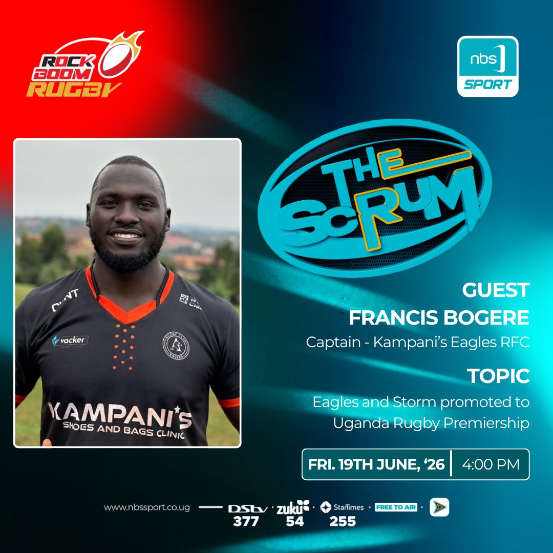 NBSportUg's tweet photo. Joshua Wakabi, Chairperson of @Storm_rfc_ug, and Francis Bogere, Captain of @RfcEagles, are today's guests on The Scrum.

Watch it live on @afromobileug at 4PM: https://t.co/iPCnSTUT1i

#NBSportTheScrum #NBSportRugby #RockboomRugby #NBSportUpdates | @ErnestAkor | @OscarDMujuni | @RockBoom_UG