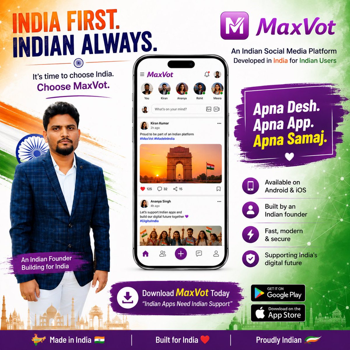 mgnapps's tweet photo. INDIA FIRST. INDIAN ALWAYS. 🇮🇳

It’s Time to Choose India.
Choose #MaxVot Indian #SocialMedia App.

Apna Desh. Apna App. Apna Samaj.

Why only use foreign social media when India is building its own?

Install now 
Android: https://t.co/6sXF3Va9HN

iOS: https://t.co/CV4JsiVuds https://t.co/B76GR1JtWt