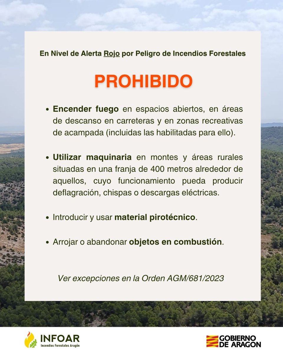 IIFFAragon's tweet photo. 🚨 Recuerda que, con el #NAPIF en ROJO, están prohibidas las siguientes actividades.  

🔍Consulta las excepciones en la Orden AGM/681/2023 🔗https://t.co/rZeQvj0pyv 

🙌 Extrememos la precaución y  si ves humo o fuego, llama al @112Aragon #INFOAR https://t.co/M7prHXTYHM