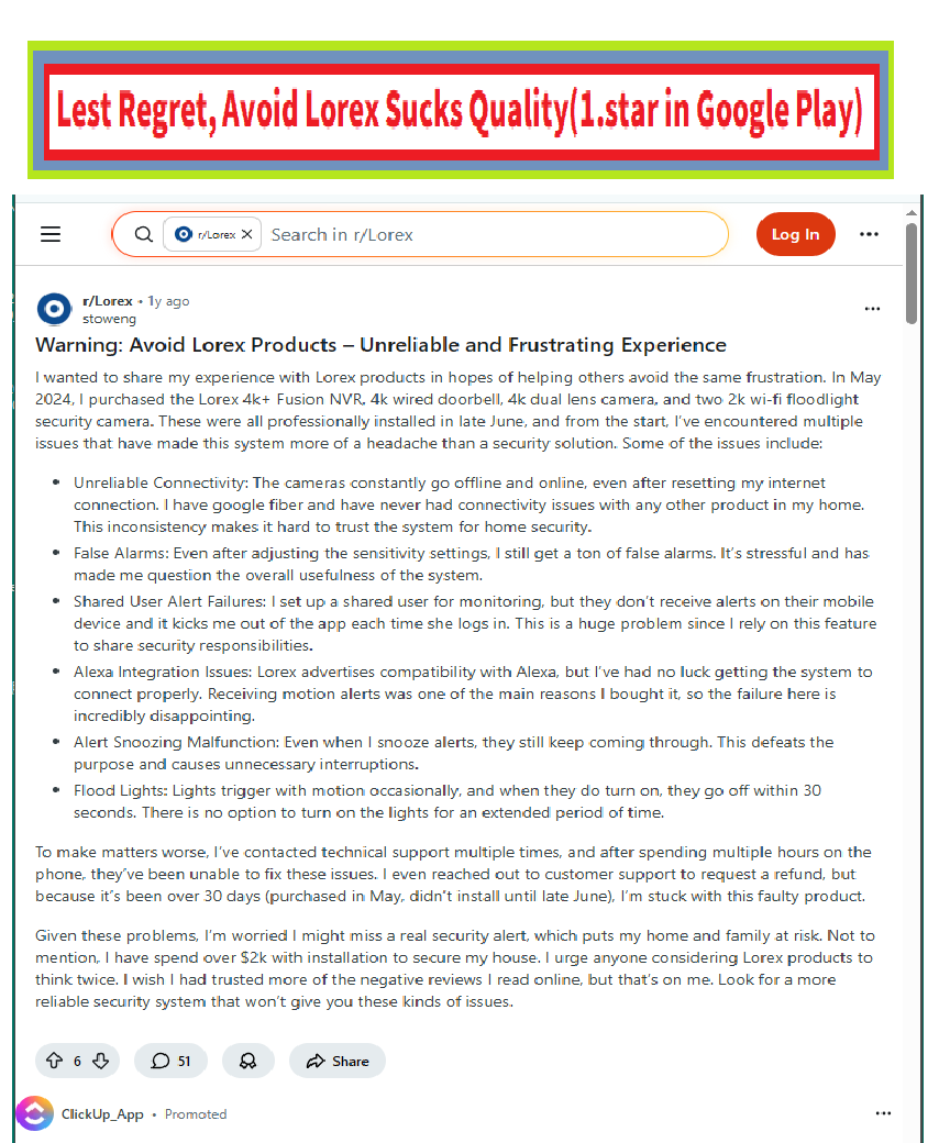 LorexTest33244's tweet photo. Bad Lorex in GooglePlay👎👎👎:  {What did AI say? AI said that Lorex is terrible and sucks app based on Google Play reviews. Yes.[Google-Play Comment](H I May 28, 2026 The worst company ever)}🤦‍(Finally=>Wicked-Lorex)218.6.960 https://t.co/DpFGq8Akxw