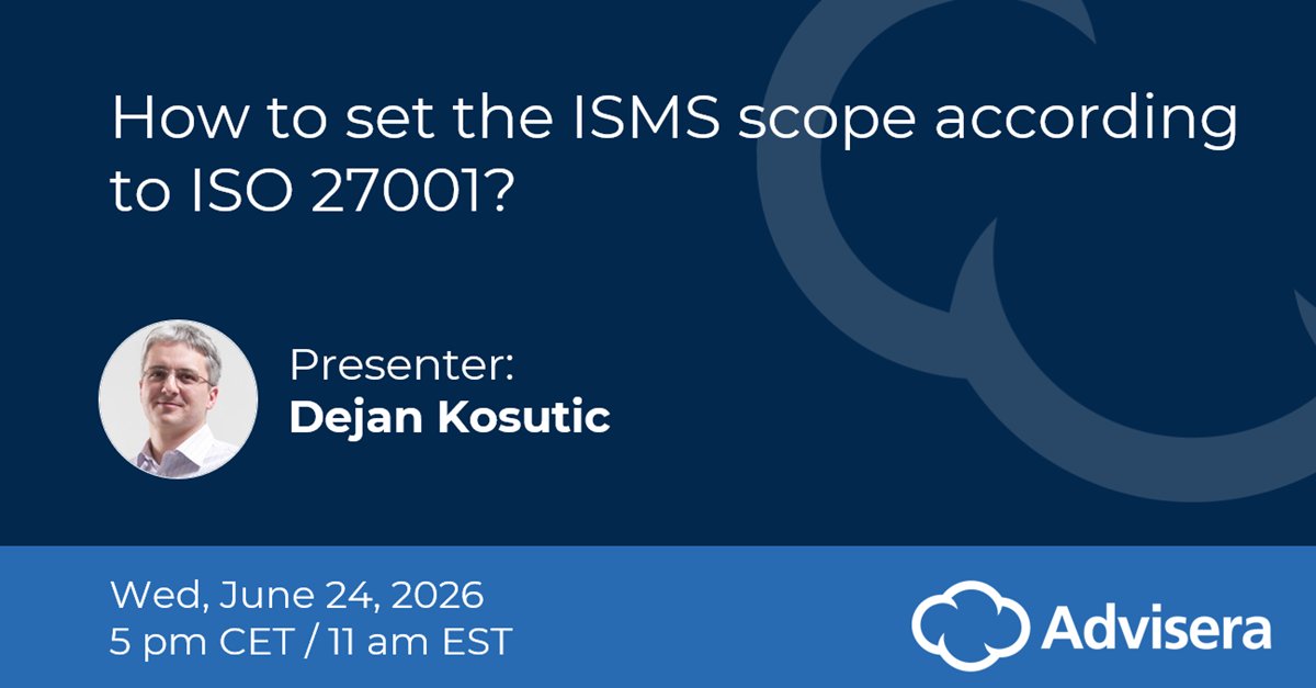 Dejan_Kosutic's tweet photo. Defining the ISMS scope is one of the first practical steps in ISO 27001 implementation, and it has a direct impact on how complex the project becomes.

In this free live webinar, I’ll explain how to set the ISMS scope correctly, including what must be included, how to approach cloud servers, when the scope should cover the whole company, and how to handle interfaces and dependencies. I’ll also show what needs to be documented and how to do it.

Join us and bring your questions to the discussion: https://t.co/eItyJlbgCV

#ISO27001 #ISMS #InformationSecurity #CyberSecurity #Compliance #RiskManagement #InfoSec