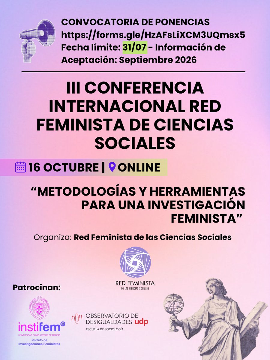 InstifemUCM's tweet photo. 📢 Abierto el plazo para la III Conferencia Internacional Red Feminista de CCSS.💜
Patrocinada por @Instifem_UCM y el Observatorio de Desigualdades UDP.

⏳ Límite: 31 de julio de 2026 🔗 Envío de propuestas aquí: https://t.co/caiSr2ExKK https://t.co/yUBsTMbpFc