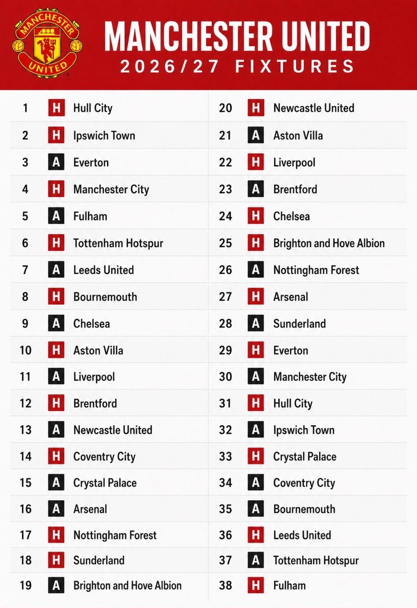 _Joy360's tweet photo. 🚨 OFFICIAL: MANCHESTER UNITED fixtures for the 2026/27 Premier League season ♥️⚽📷 https://t.co/0ZSVB6sgcQ
