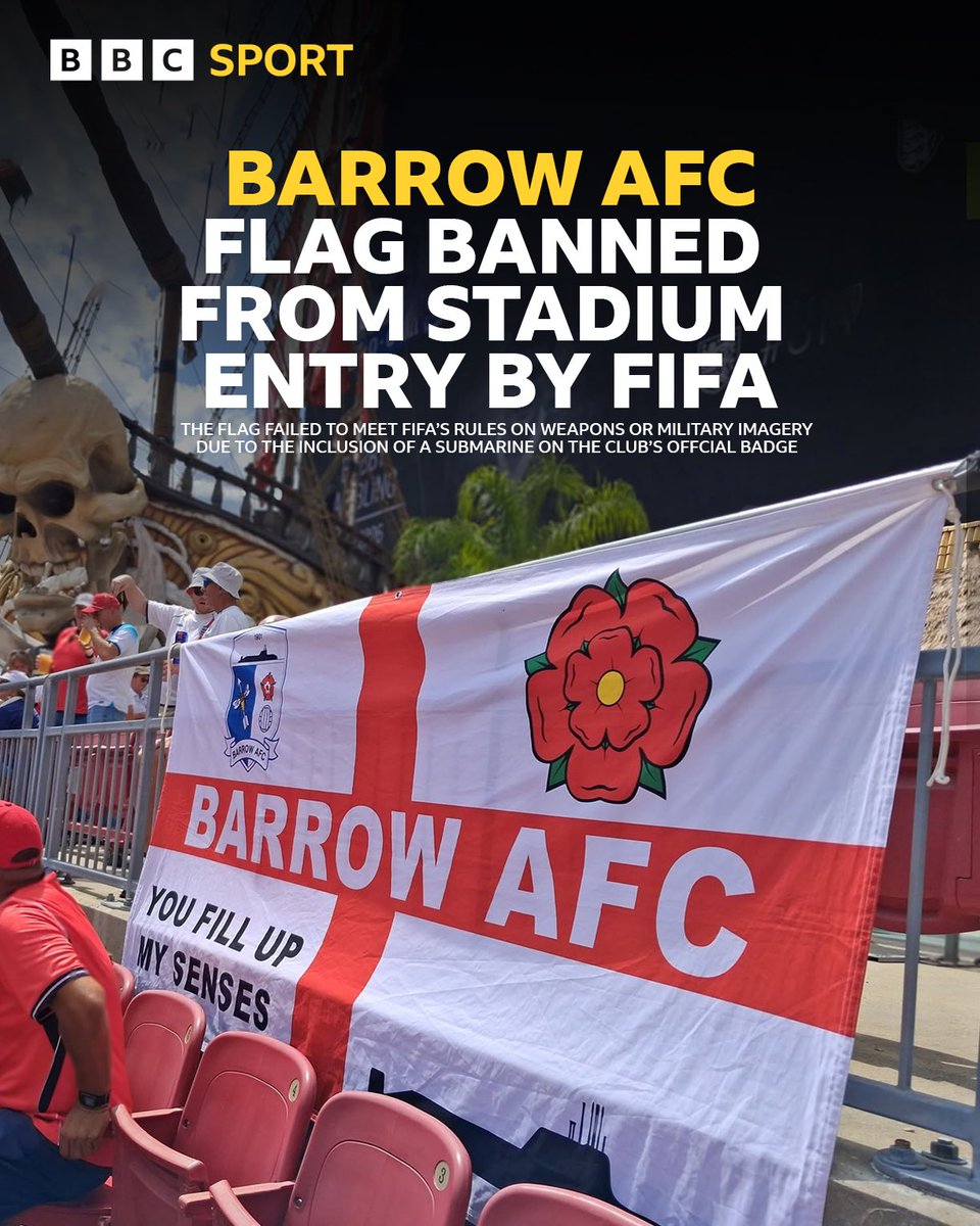 bbccumbriasport's tweet photo. A flag belonging to Barrow fans was denied entry into England’s World Cup group game against Croatia this week due to the inclusion of a submarine on the club’s official club badge.

#bbcfootball #barrowafc #bluebirds #bafc https://t.co/4xPL3HPGVp