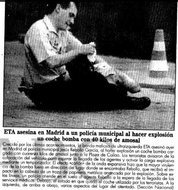 CarlosDeUrrecha's tweet photo. "En la ambulancia preguntaba por sus compañeros"
Policía Municipal D Jesús Rebollo García asesinado impunemente con un coche bomba en Madrid por los cobardes de ETA

"Jesús era padre de 4 hijos. Sus compañeros le consideraban un Policía ejemplar"
https://t.co/mfq3DhMQHW https://t.co/wQnNZiAujt