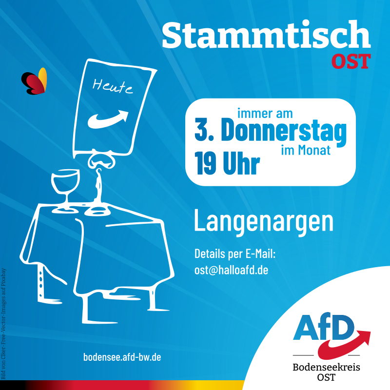 AfD_Bodensee's tweet photo. AfD-Stammtisch OST
Donnerstag, 16. Juli 2026 um 19 Uhr in Langenargen

Wir freuen uns auf bekannte und neue Gesichter in gemütlicher Runde! Details bitte per E-Mail erfragen: ost@halloafd.de https://t.co/fHjymKw5Zm