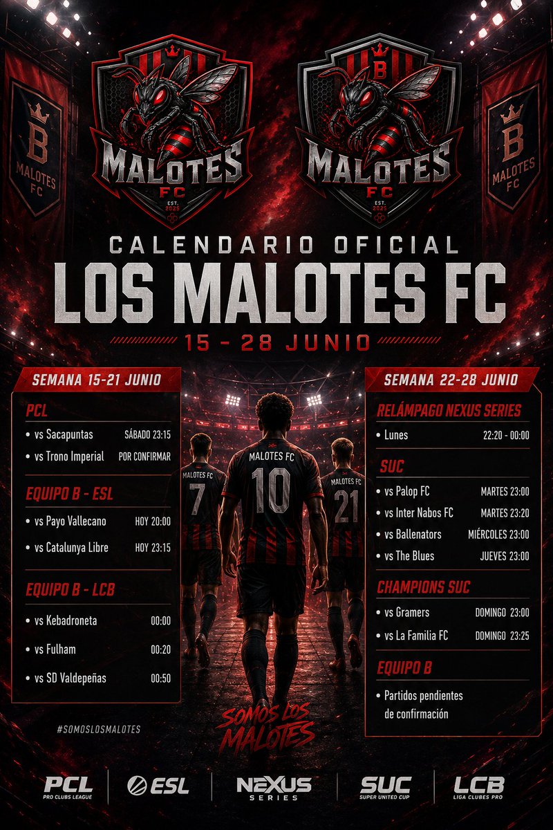LosMalotesFC's tweet photo. 📅 CALENDARIO LOS MALOTES FC | 19-28 JUNIO
🔥 PCL
🔥 SUC
👑 Champions SUC
⚡ Nexus Series
🔵 ESL y LCB para el Equipo B

Dos semanas de competición para Los Malotes FC.
Más de 10 partidos y un objetivo: competir al máximo nivel. 💙
#LosMalotesFC #FC26 #ProClubs #Esports https://t.co/Vg8jFxIg8Z