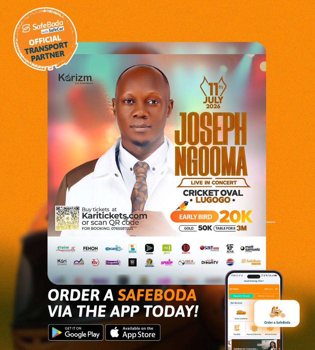 SafeBoda's tweet photo. 🎤 @JosephNgooma  Live In Concert is loading... and we've got your ride covered! 

We're proud to be the Official Transportation Partner, making your journey to and from the concert safe and comfortable

📅 11th July
🎟️ Grab your ticket now: https://t.co/SMI5c23QBU

See you there. Just don't blame us if you end up singing all the way home. 🎶😄