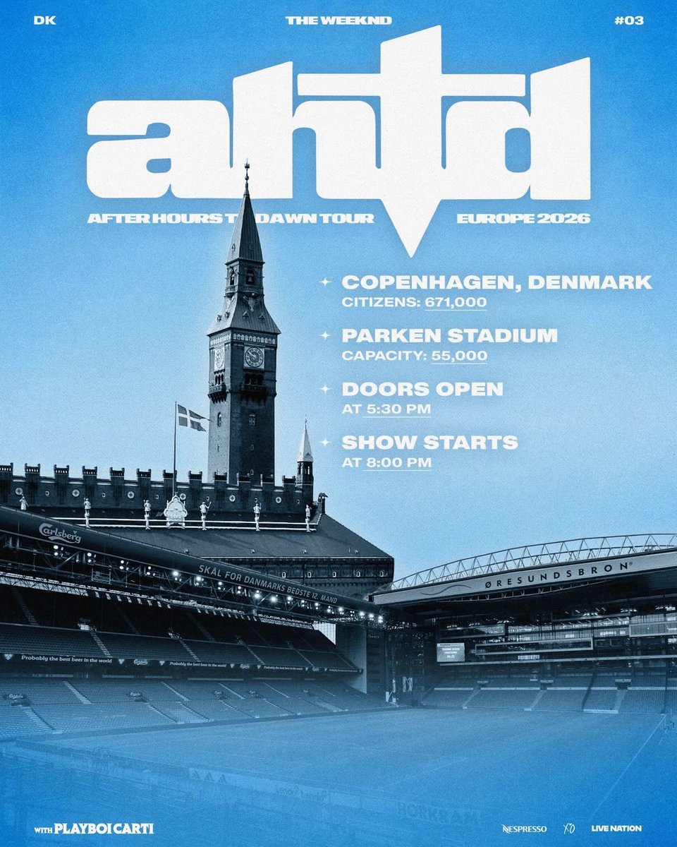 AHDawnTour's tweet photo. SHOWS #3 &amp; #4| 19 &amp; 20/6 🏟️

📍 Parken Stadium, Copenhagen 🇩🇰
🪩 Prince85 &amp; Playboi Carti

The #AfterHoursTilDawnTour continues its Euro run with 2 back to back shows in Copenhagen ❤️‍🔥🇩🇰 #AHTDCopenhagen https://t.co/espsI3mtdS