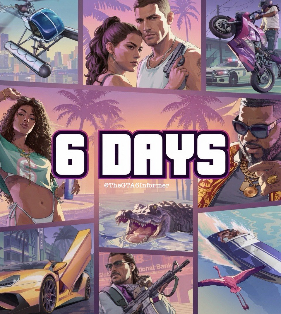 TheGTA6Informer's tweet photo. 6 Days until Grand Theft Auto 6 pre-orders go live! 🌴 https://t.co/0zcAShnsdO